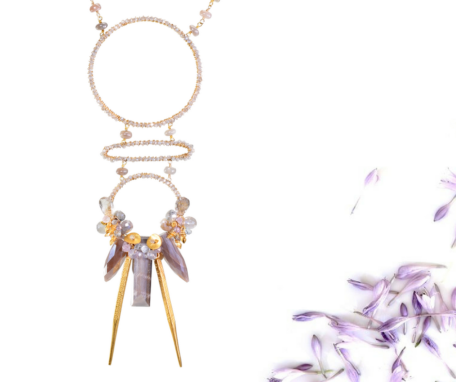 Multi circle gemstone and pearl encrusted drop pendant long gold necklace