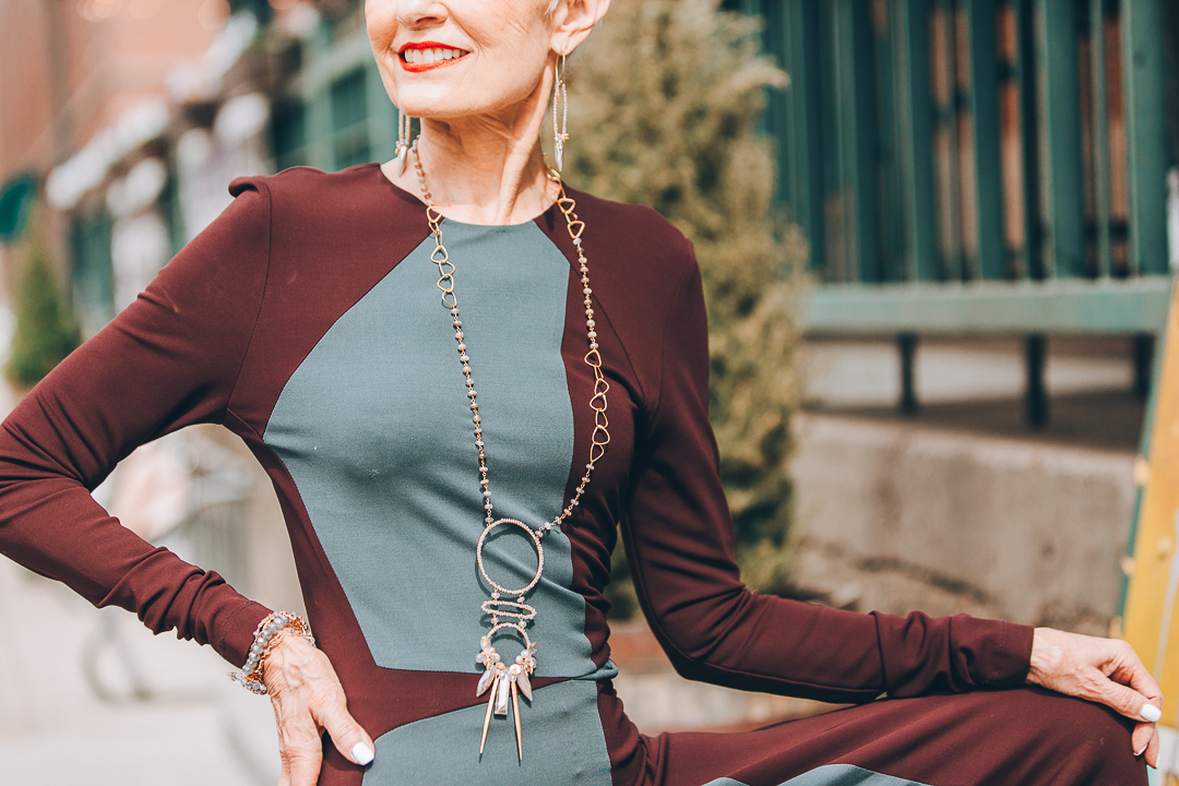 advanced style blogger wearing long gemstone necklace