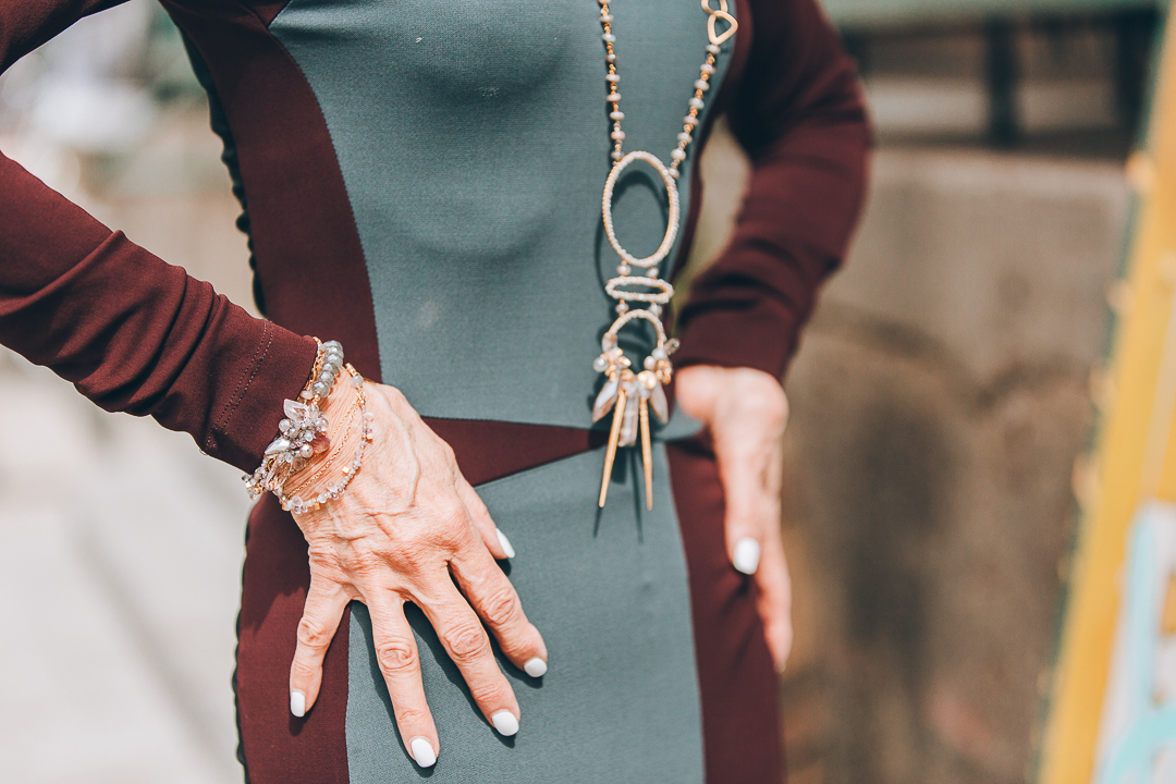 Advanced style blogger style crone wearing gemstone bracelets