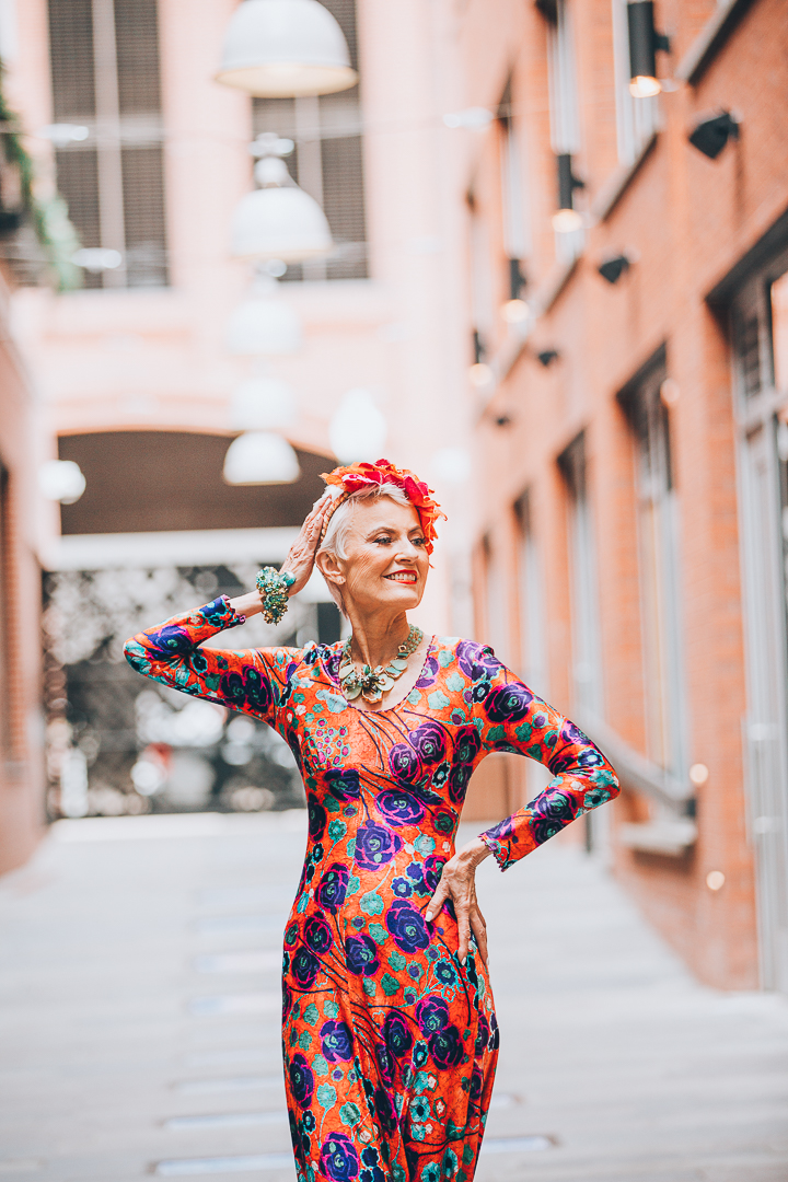 Advanced style blogger Style Crone wearing a statement gemstone cuff bracelet