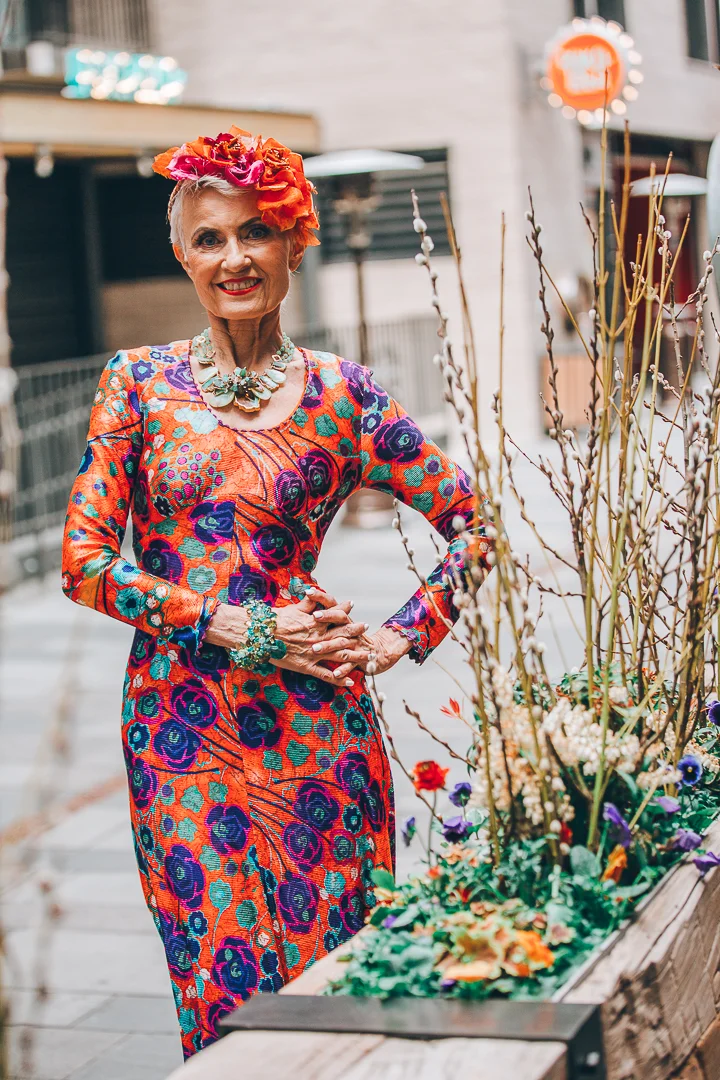 Advanced style blogger Style Crone wearing a statement gemstone cuff bracelet