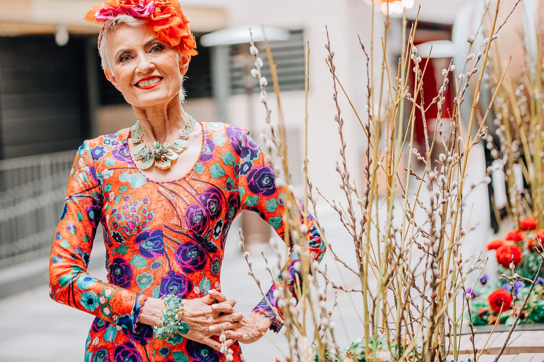 Advanced style blogger Style Crone wearing a statement gemstone cuff bracelet