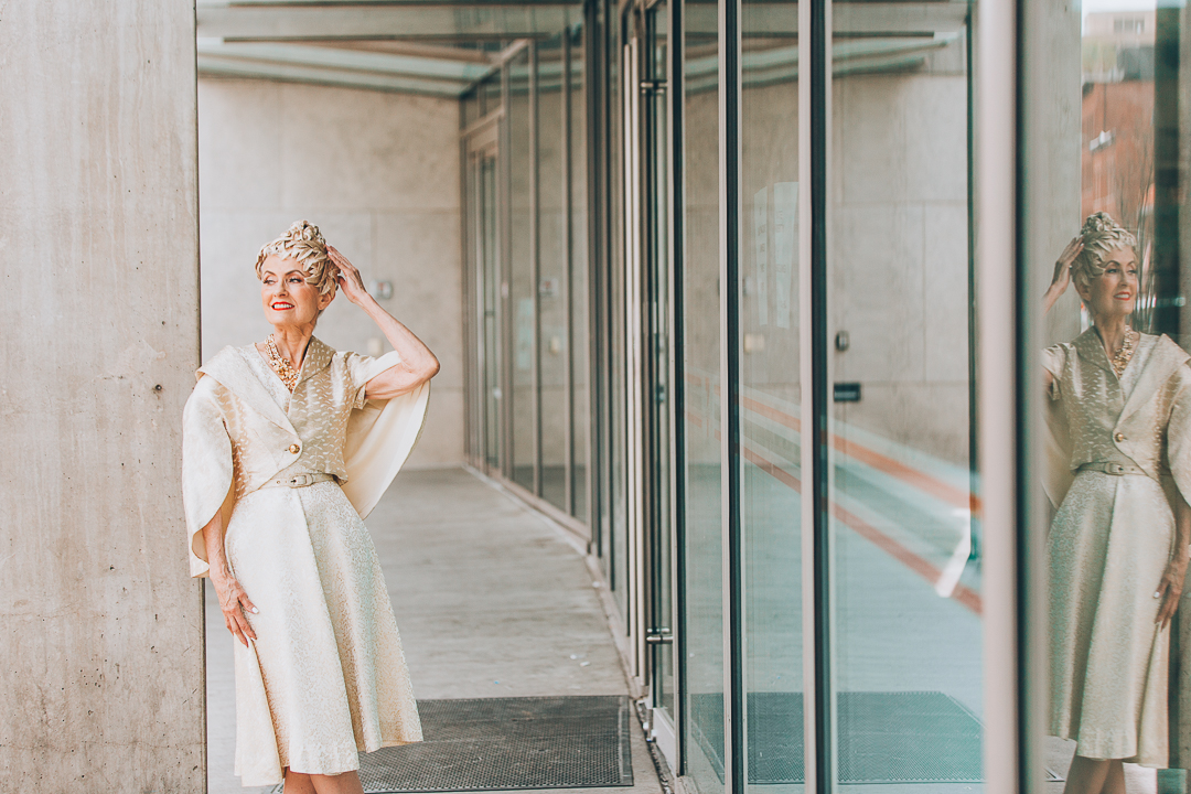 Advanced style blogger Style Crone wearing a statement vintage gold and pearl necklace