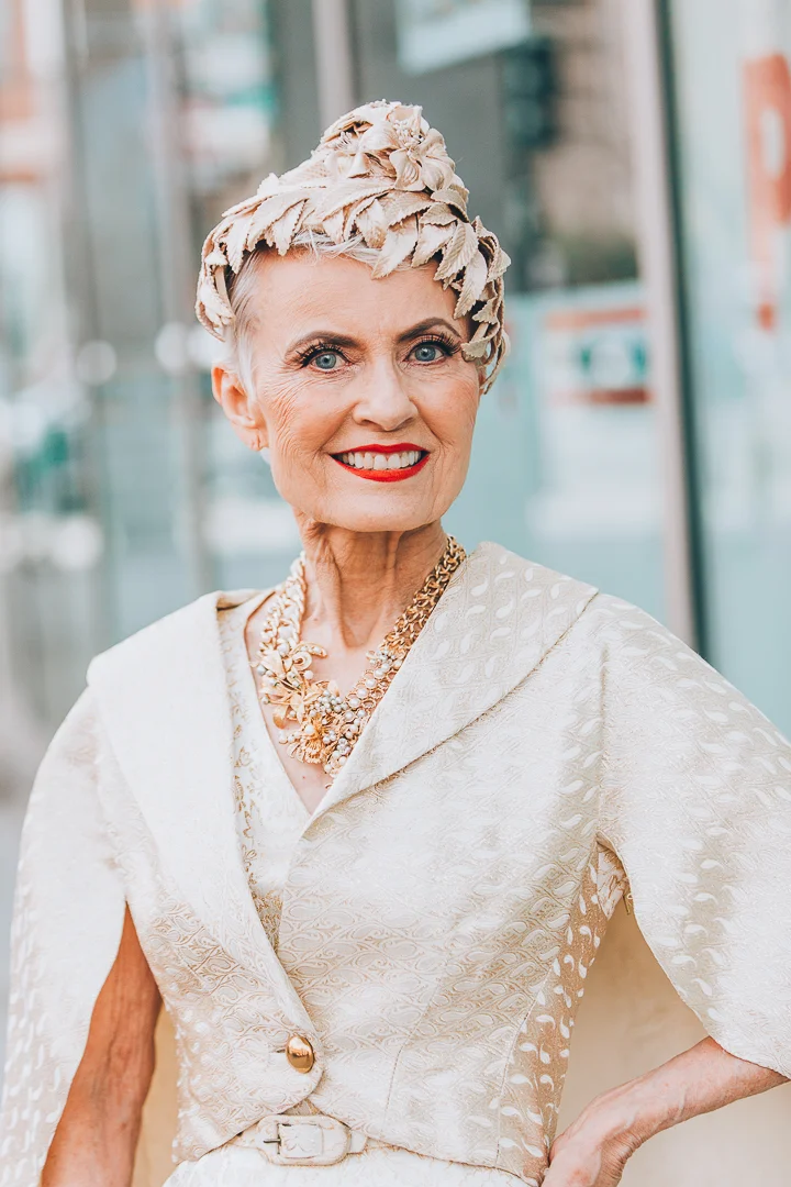 Advanced style blogger Style Crone wearing a statement vintage gold and pearl necklace