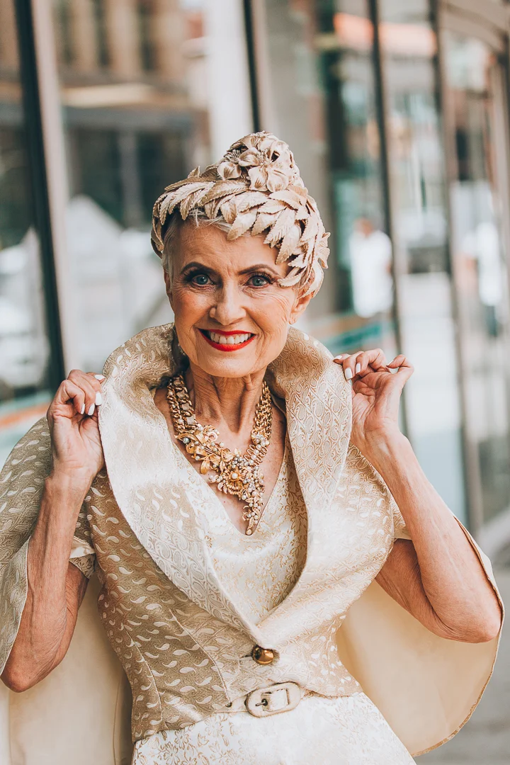 Advanced style blogger Style Crone wearing a statement vintage gold and pearl necklace