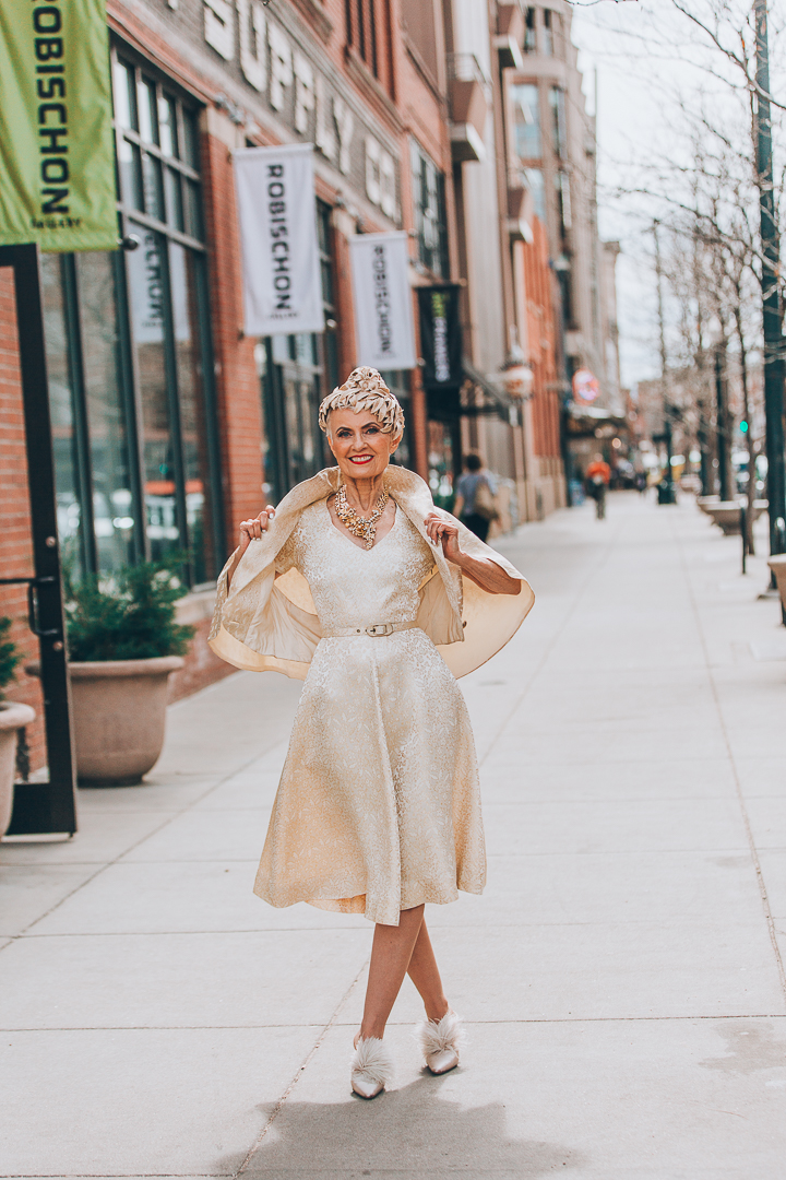 Advanced style blogger Style Crone wearing a statement vintage gold and pearl necklace