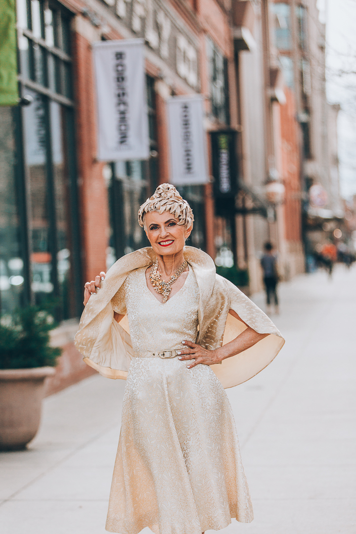 Advanced style blogger Style Crone wearing a statement vintage gold and pearl necklace