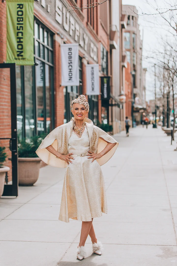 Advanced style blogger Style Crone wearing a statement vintage gold and pearl necklace