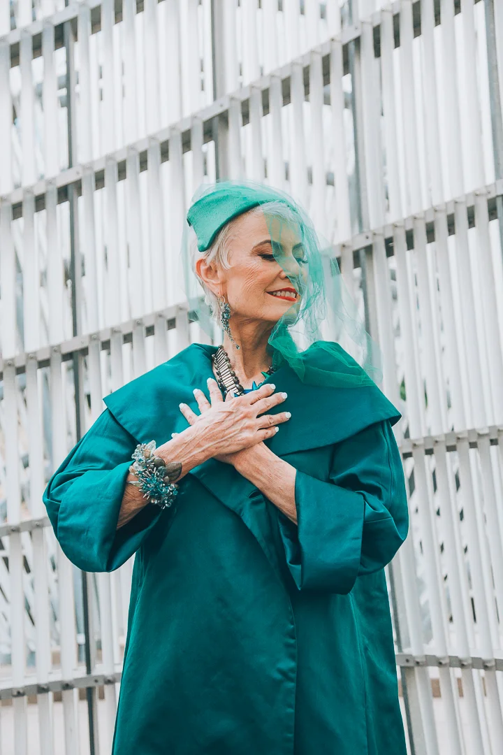 Advanced style blogger Style Crone wearing a statement gemstone cuff bracelet