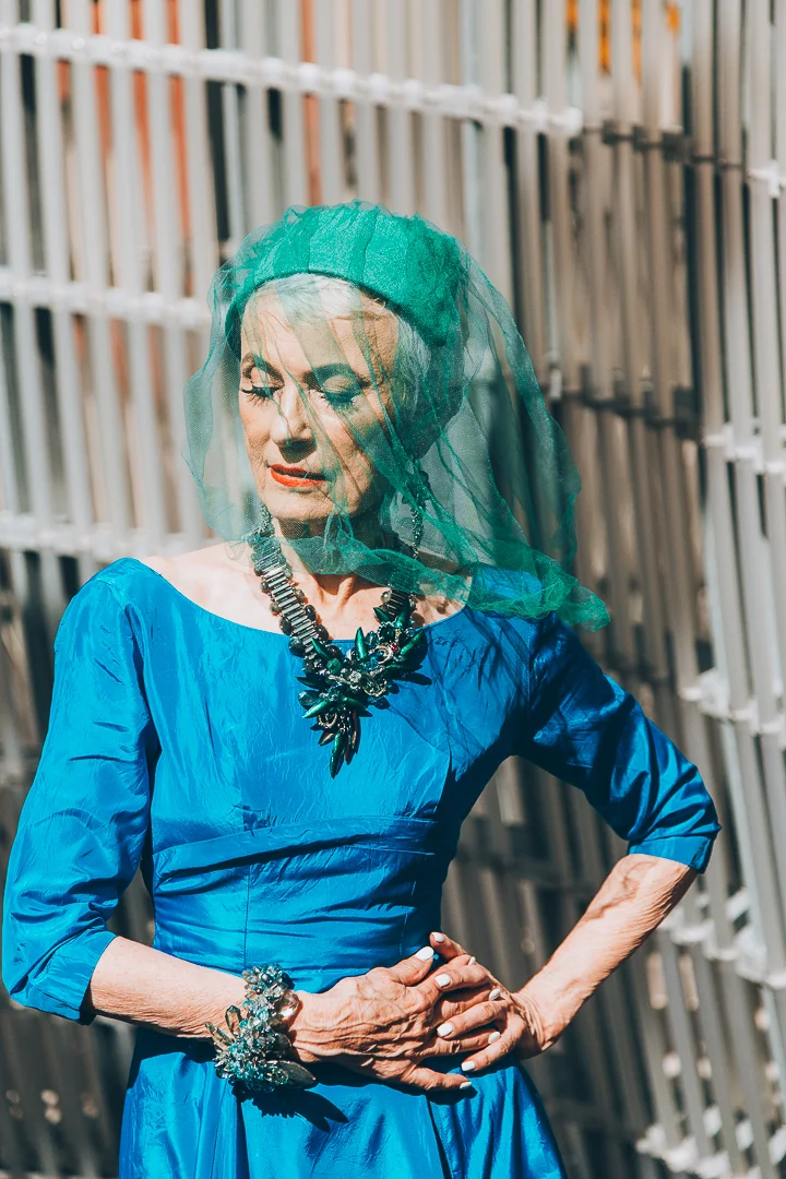 Advanced style blogger Style Crone wearing a statement gemstone cuff bracelet