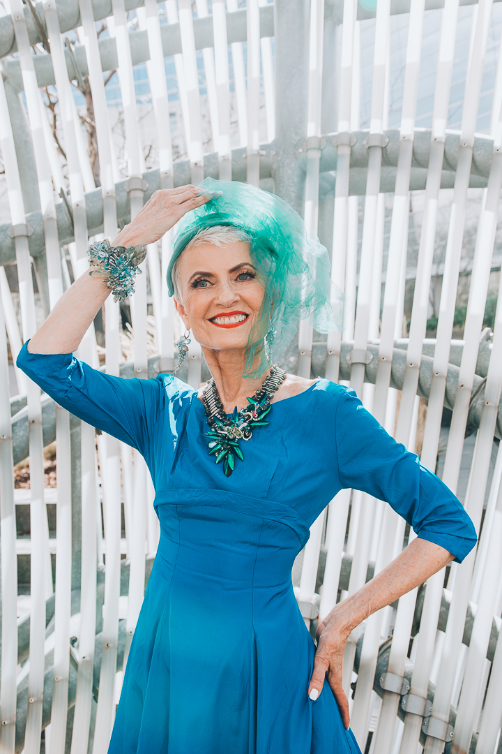 Advanced style blogger Style Crone wearing a statement gemstone cuff bracelet