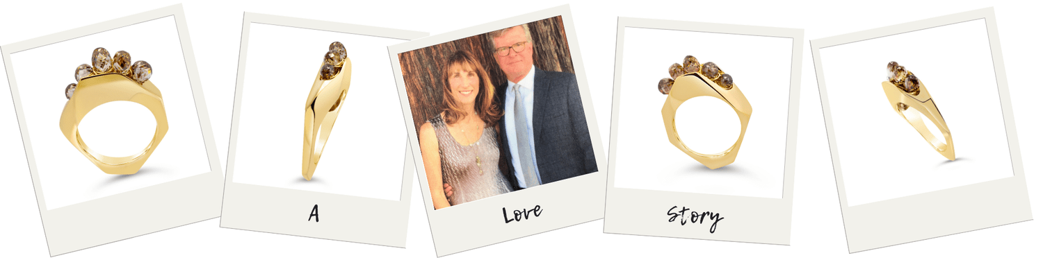 A love story in five instant photos: a gold ring crowned with smoky faceted stones, shown from four sides around a photo of the couple