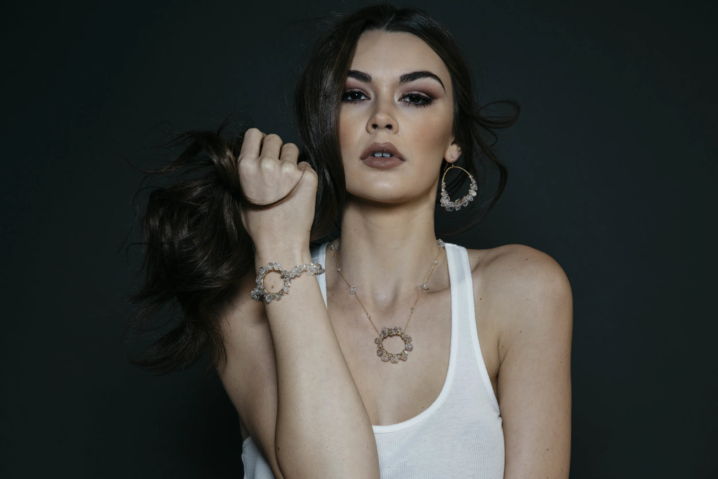 model wearing circle herkimer diamond pendant necklace
