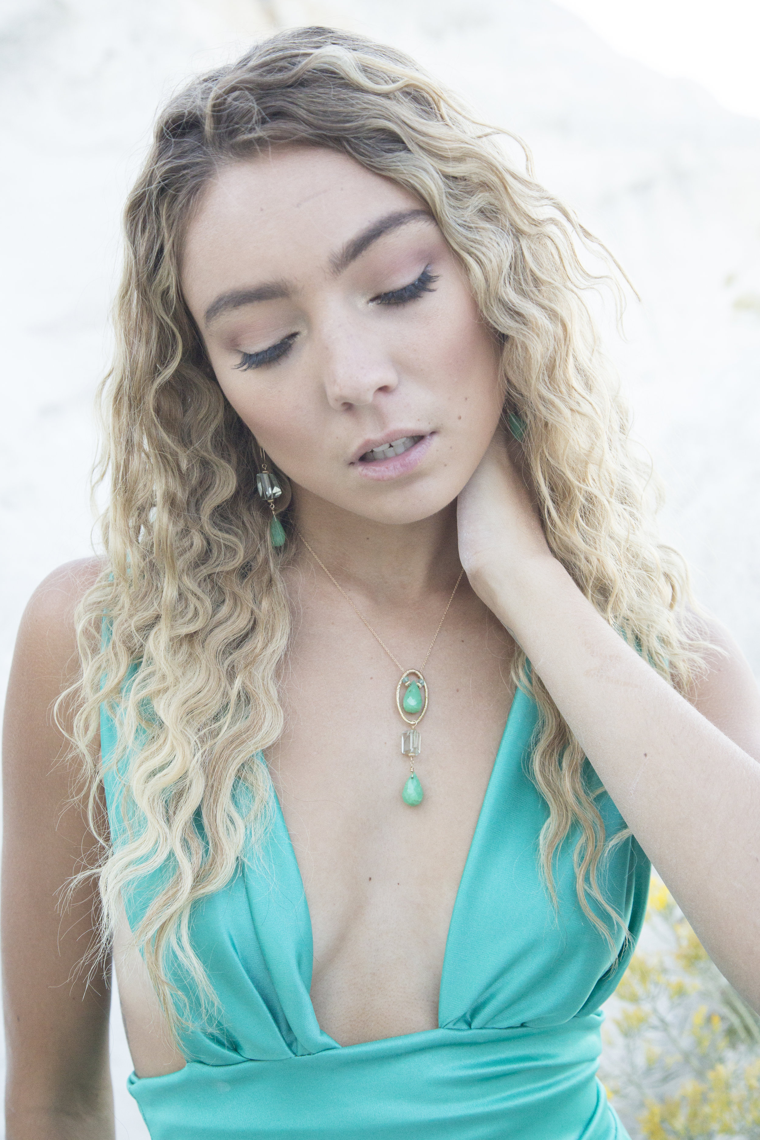 model wearing chrysoprase and green amethyst drop pendant necklace 
