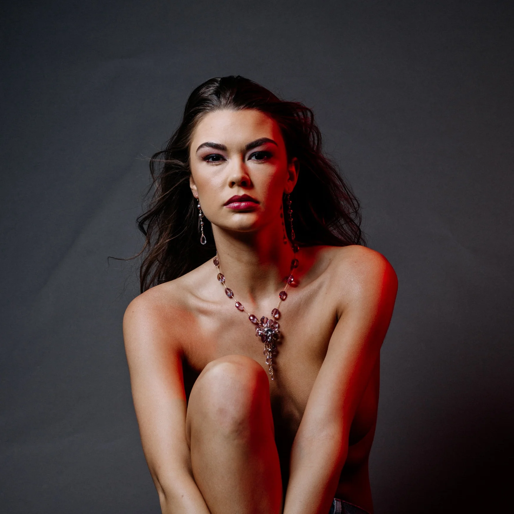 model wearing pink amethyst ametrine pearl multi drop pendant necklace
