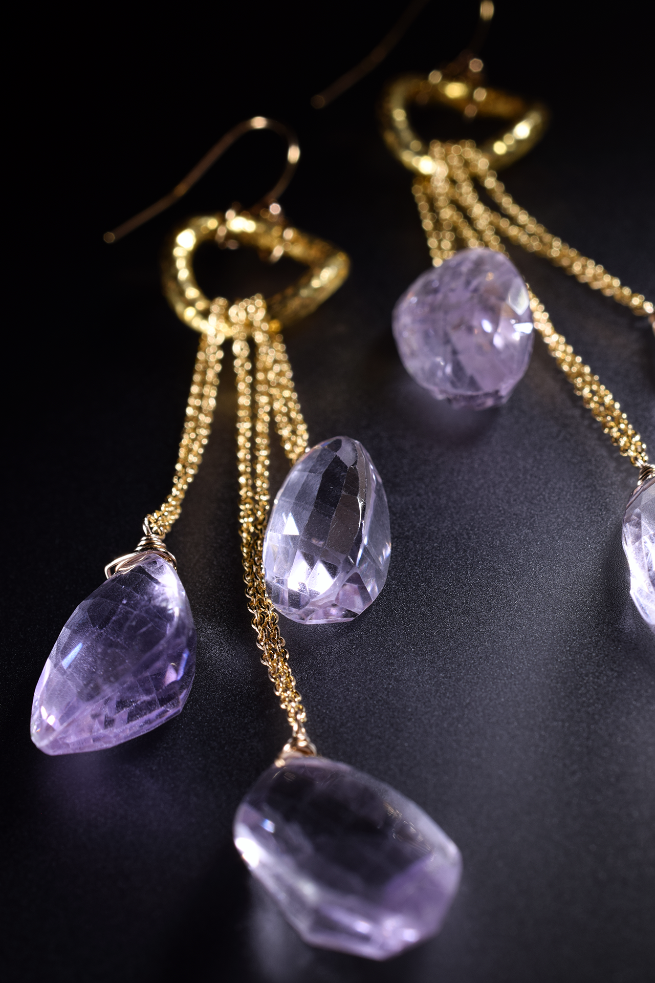 details of pink amethyst multi drop earrings