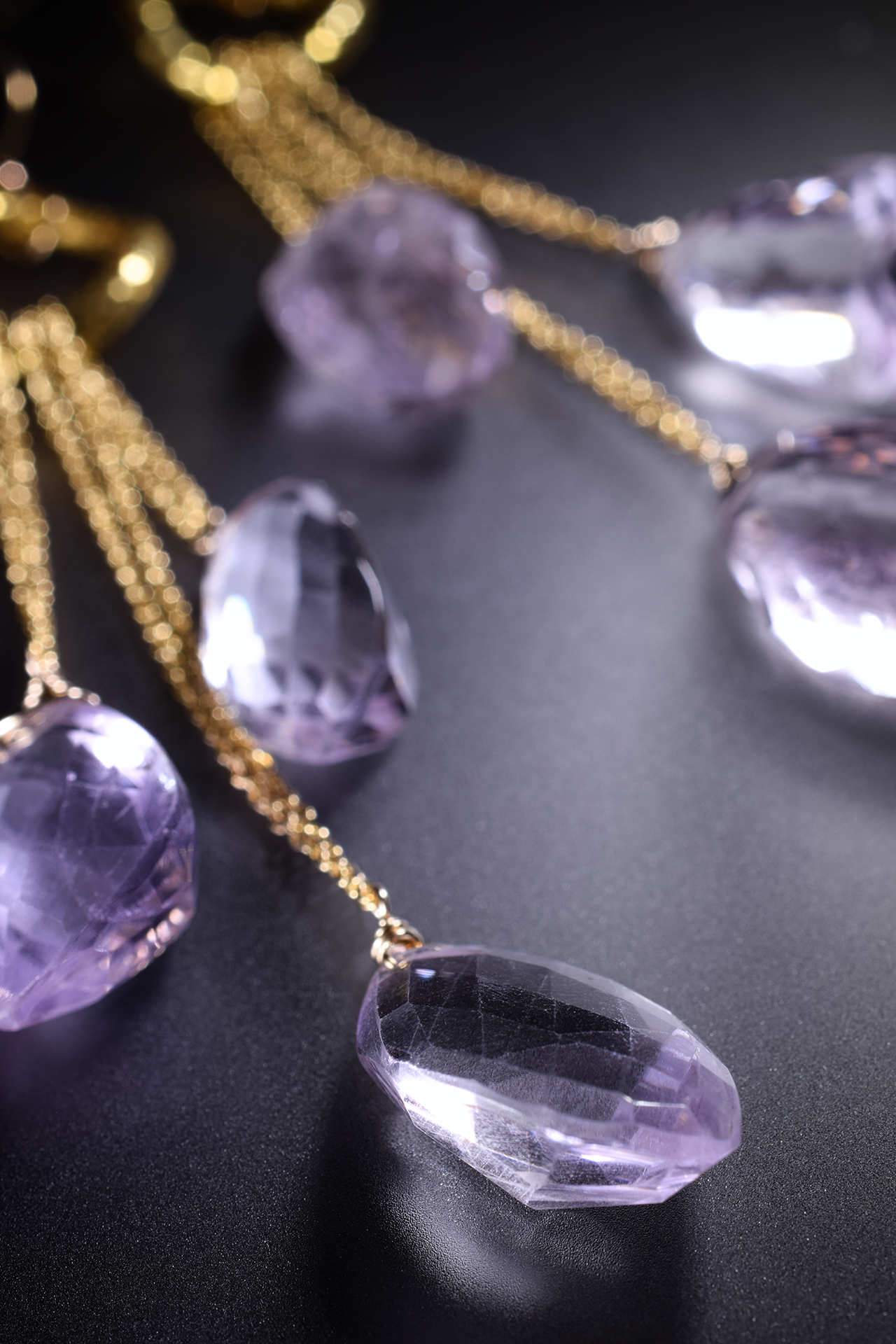 details of pink amethyst multi drop earrings