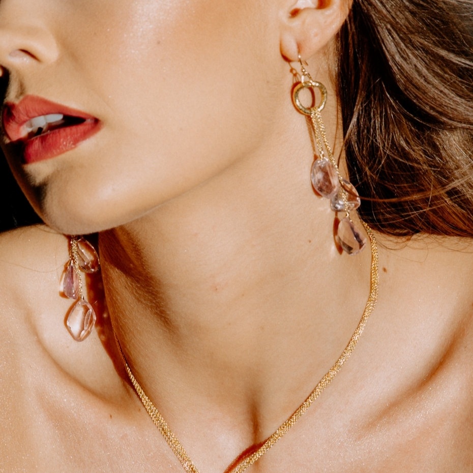 model wearing pink amethyst multi drop earrings