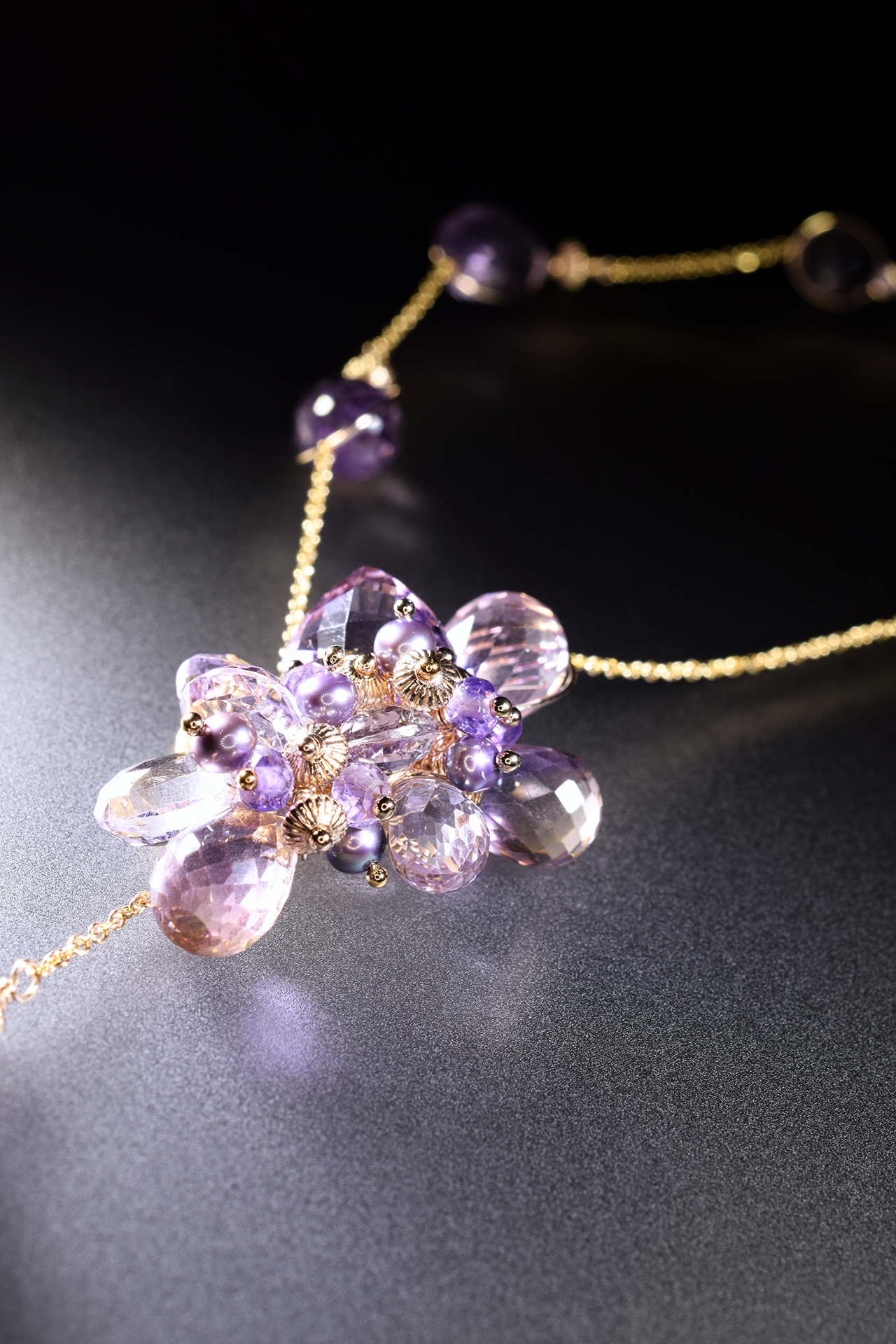 details of ametrine and pink amethyst lariat necklace