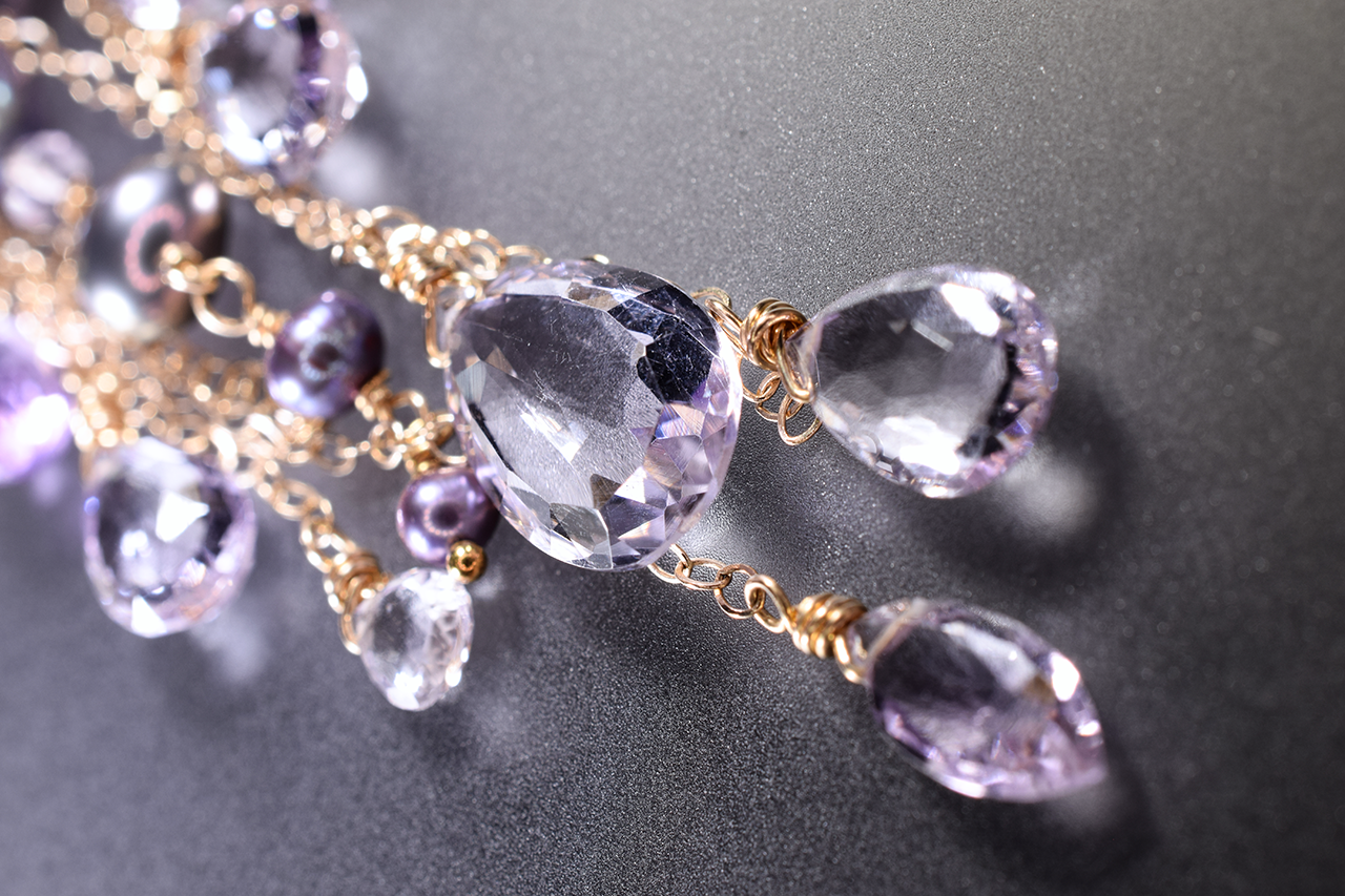 details of ametrine, amethyst, pink amethyst, pearl multi drop statement necklace