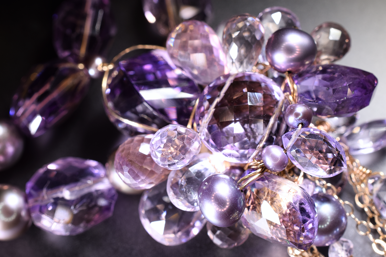 details of ametrine, amethyst, pink amethyst, pearl multi drop statement necklace