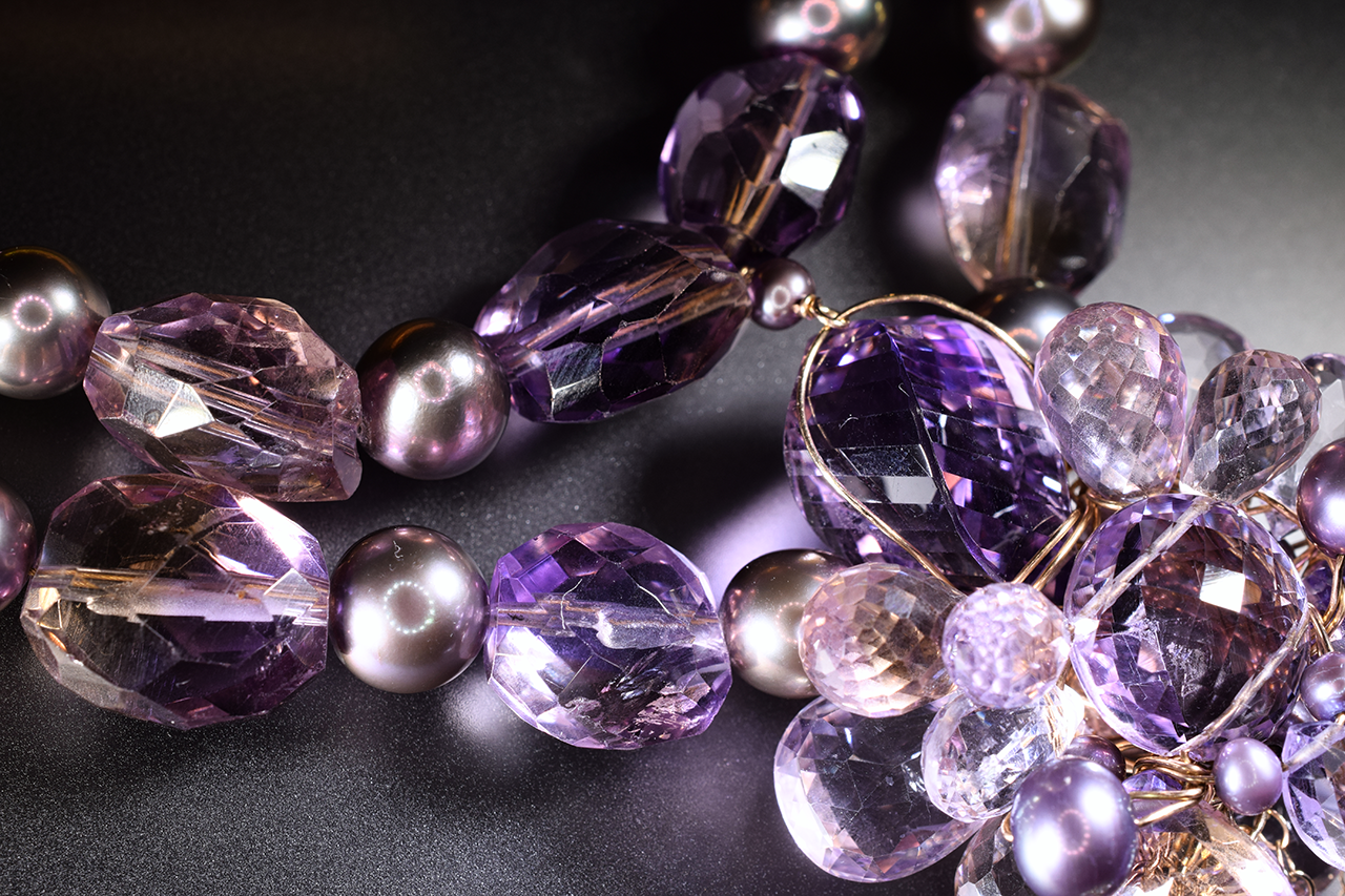 details of ametrine, amethyst, pink amethyst, pearl multi drop statement necklace