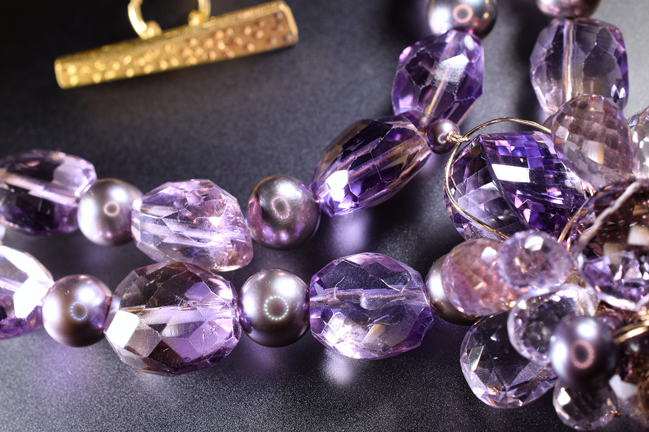 details of ametrine, amethyst, pink amethyst, pearl multi drop statement necklace