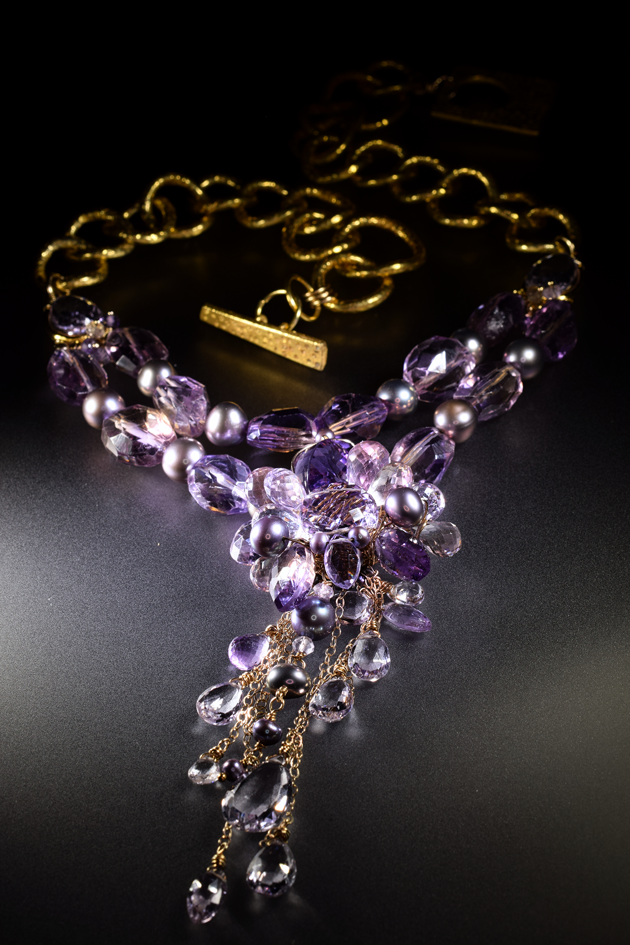 details of ametrine, amethyst, pink amethyst, pearl multi drop statement necklace