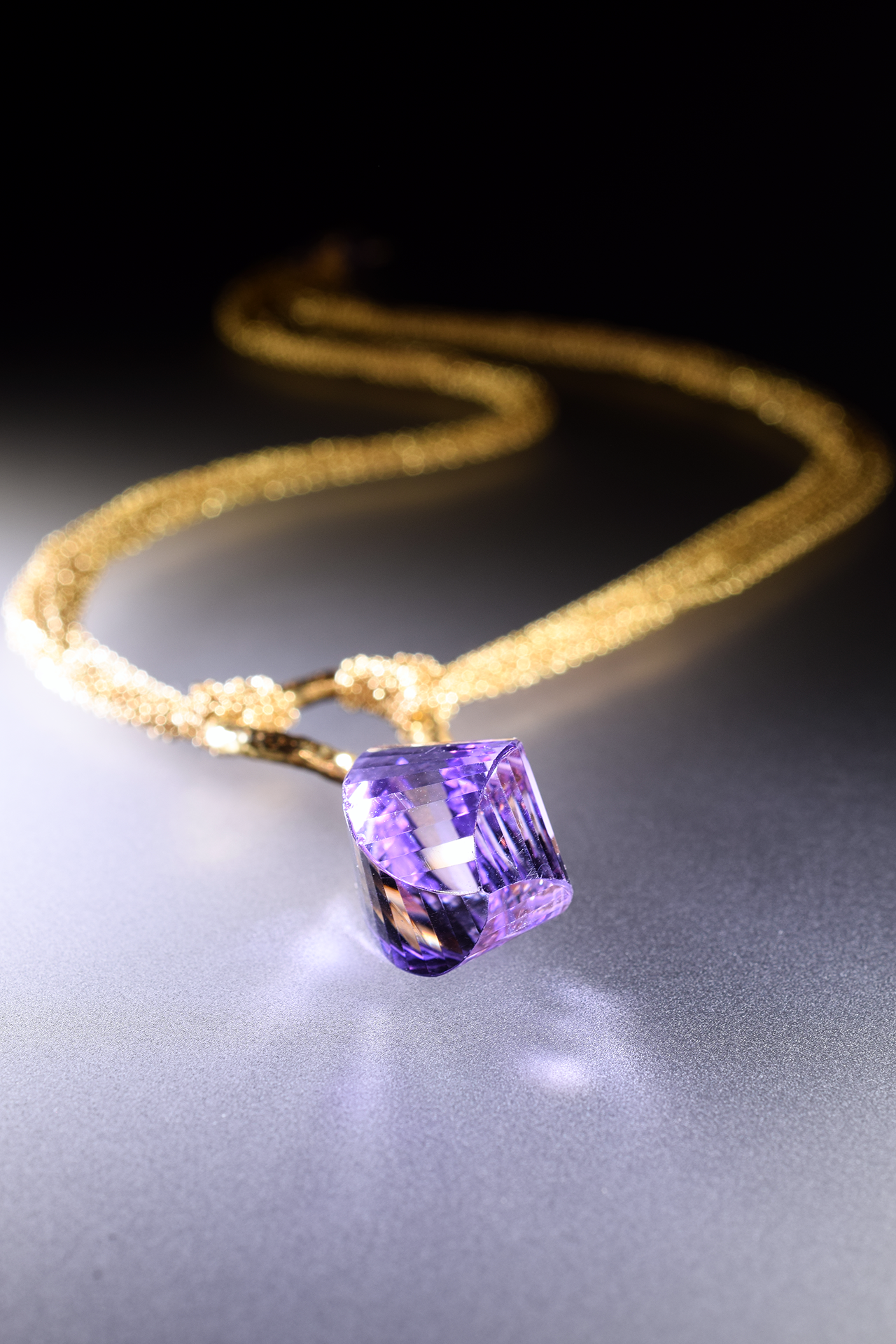 Fancy cut amethyst pendant multi gold chain necklace