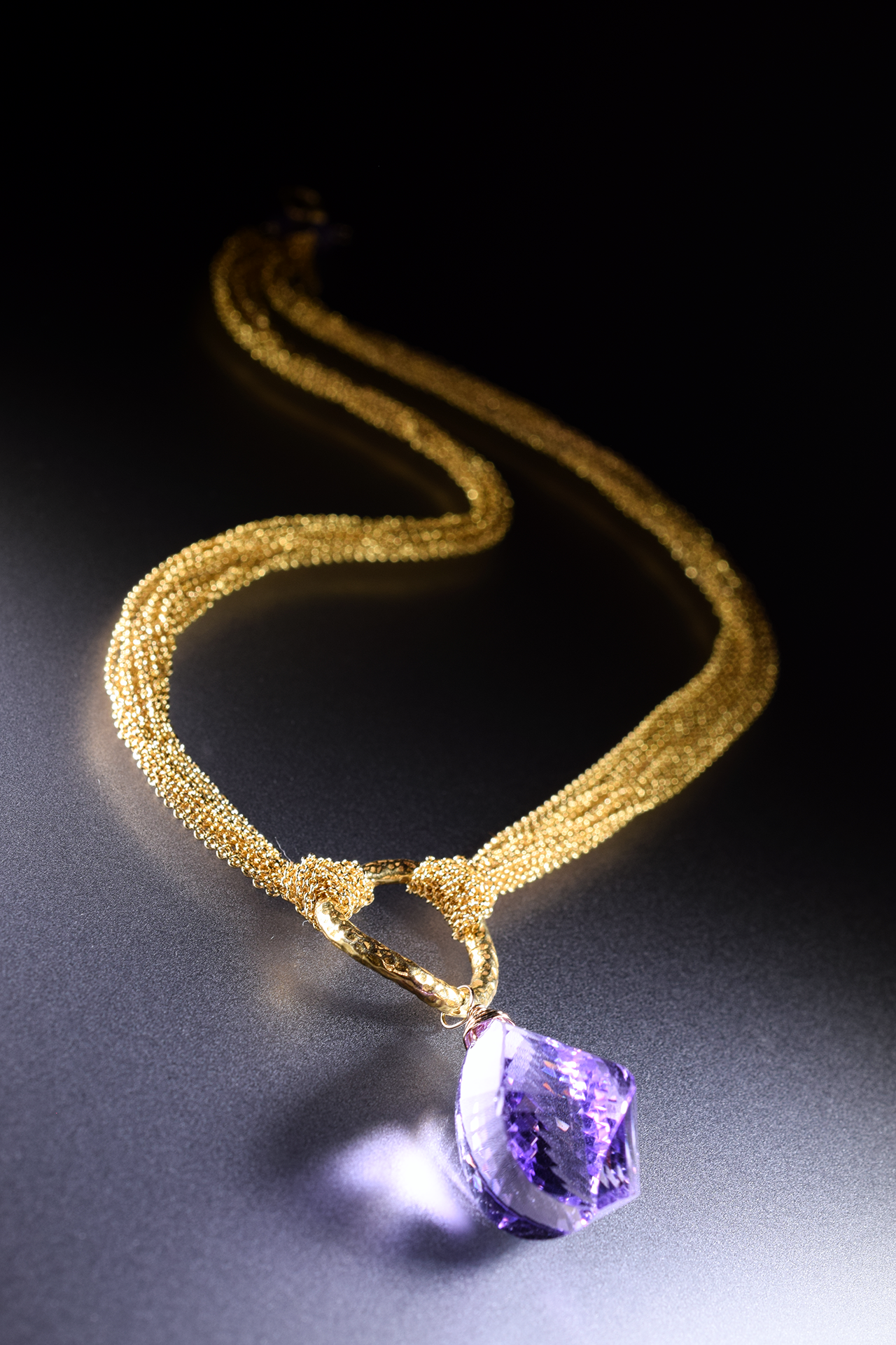 Fancy cut amethyst pendant multi gold chain necklace