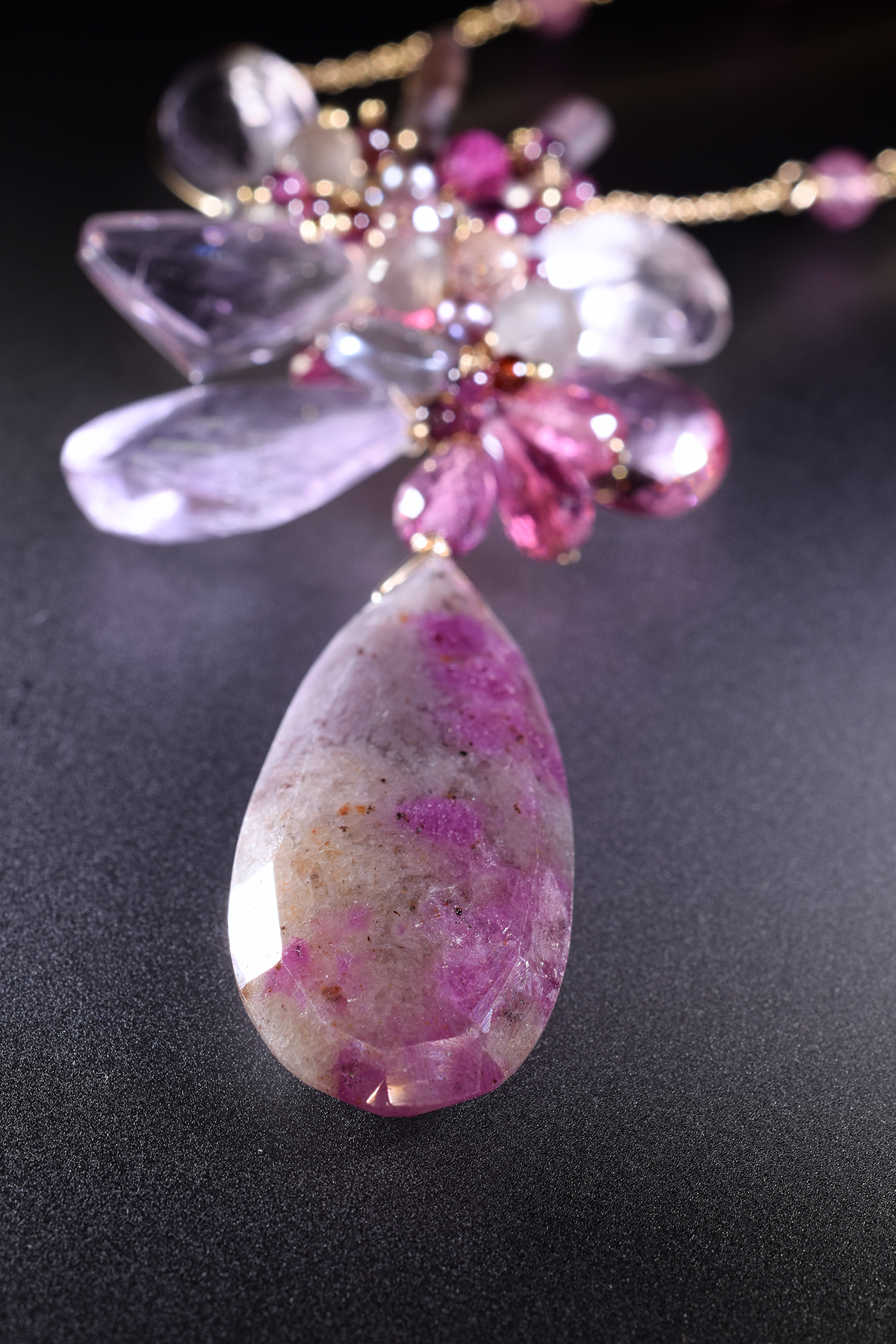 pink amethyst pink tourmaline and sapphire drop pendant necklace