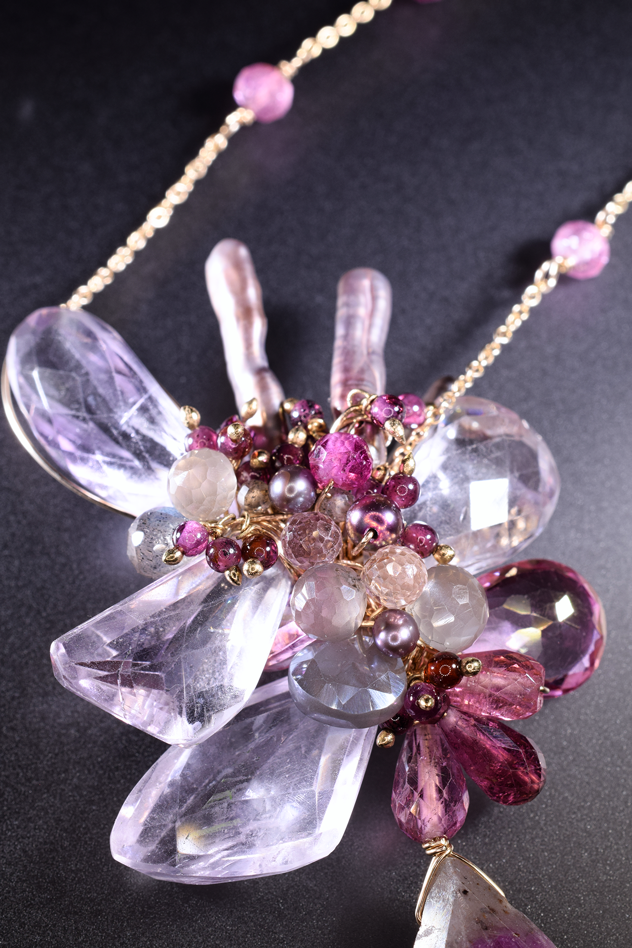 pink amethyst pink tourmaline and sapphire drop pendant necklace