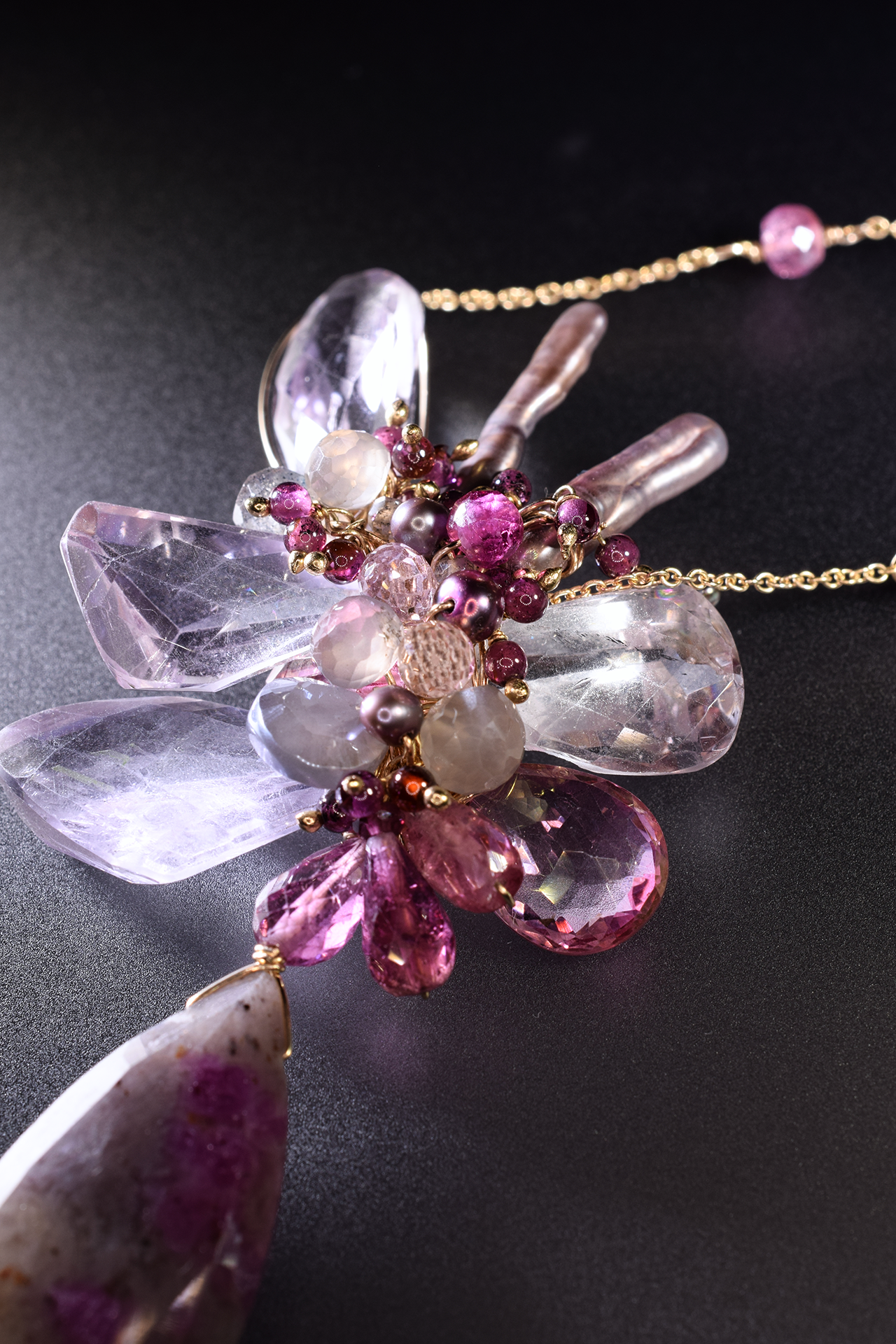 pink amethyst pink tourmaline and sapphire drop pendant necklace