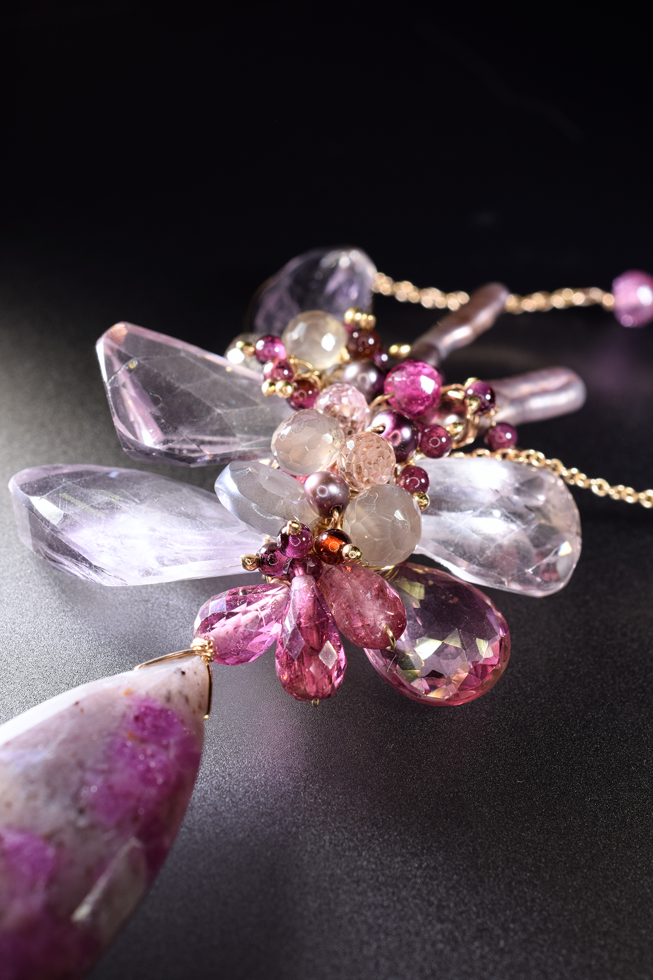 pink amethyst pink tourmaline and sapphire drop pendant necklace