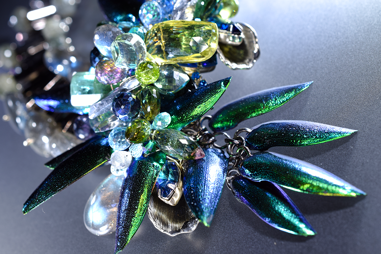 statement vintage, gemstone and beetle wing jewelry necklace
