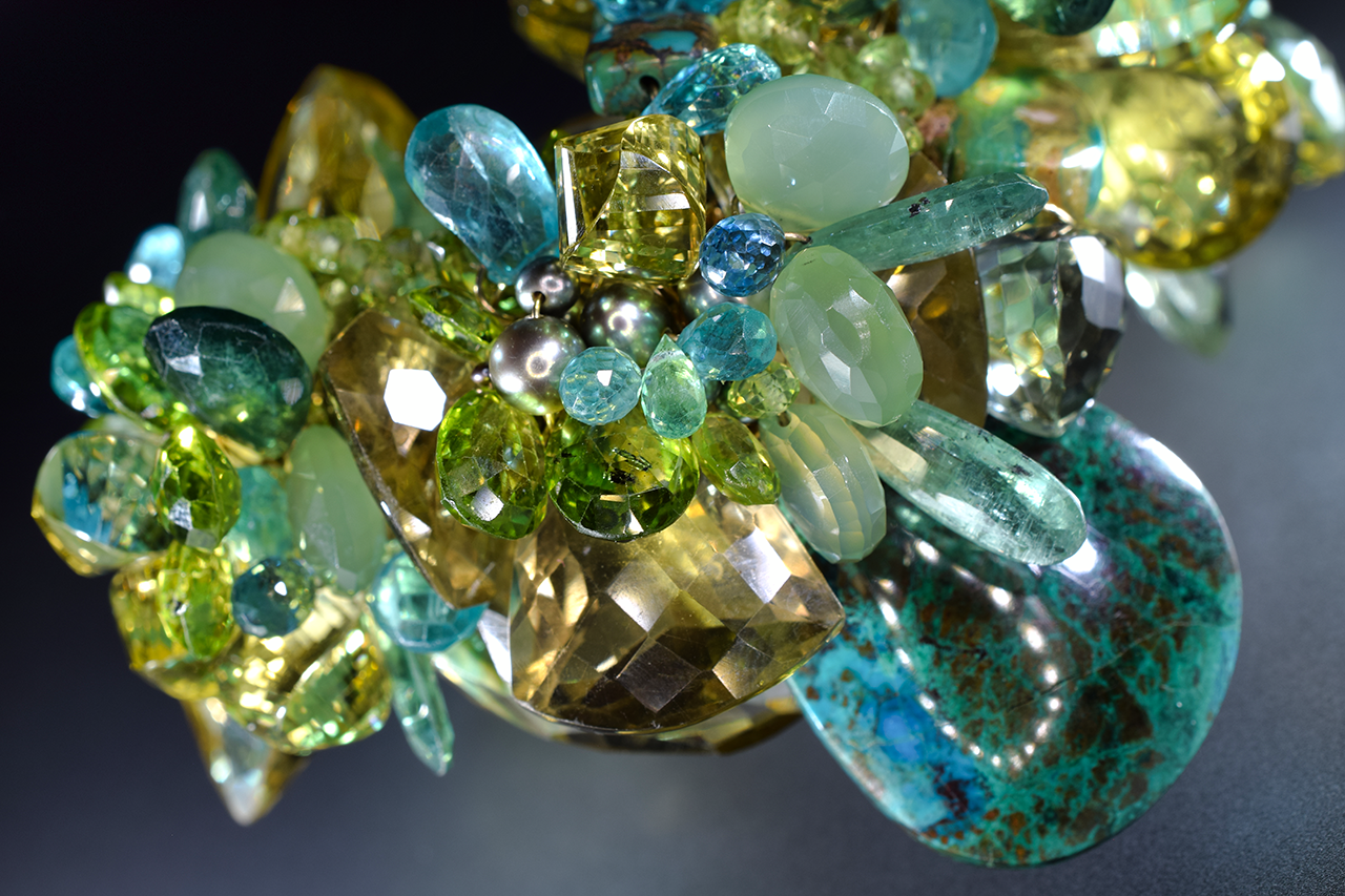 statement green and yellow gemstone and gold cuff bracelet