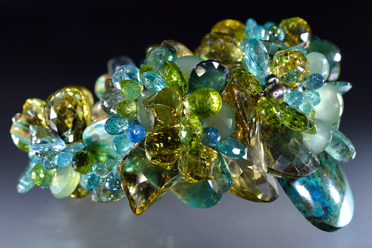 statement green and yellow gemstone and gold cuff bracelet