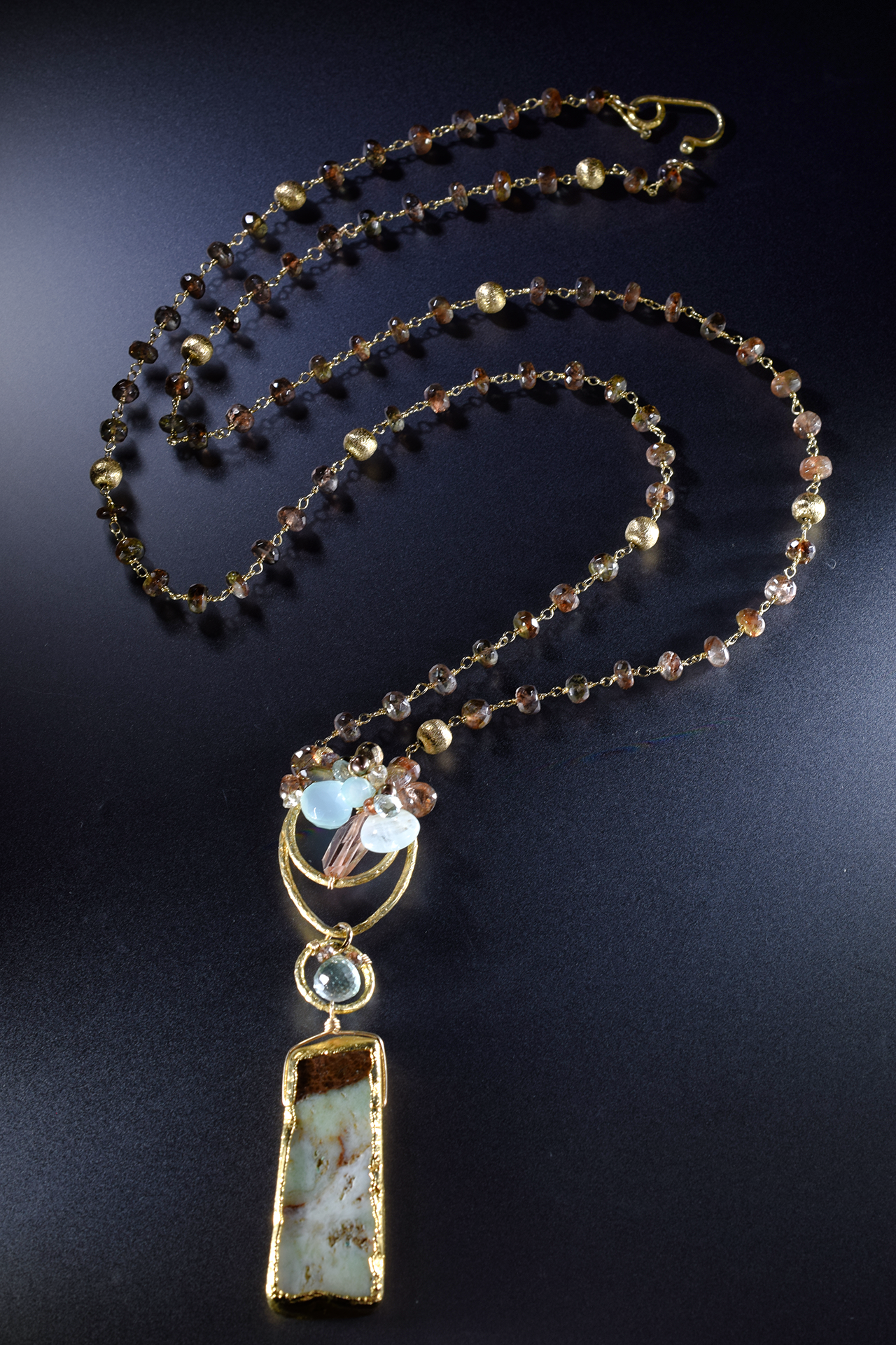 long gemstone and gold pendant long necklace
