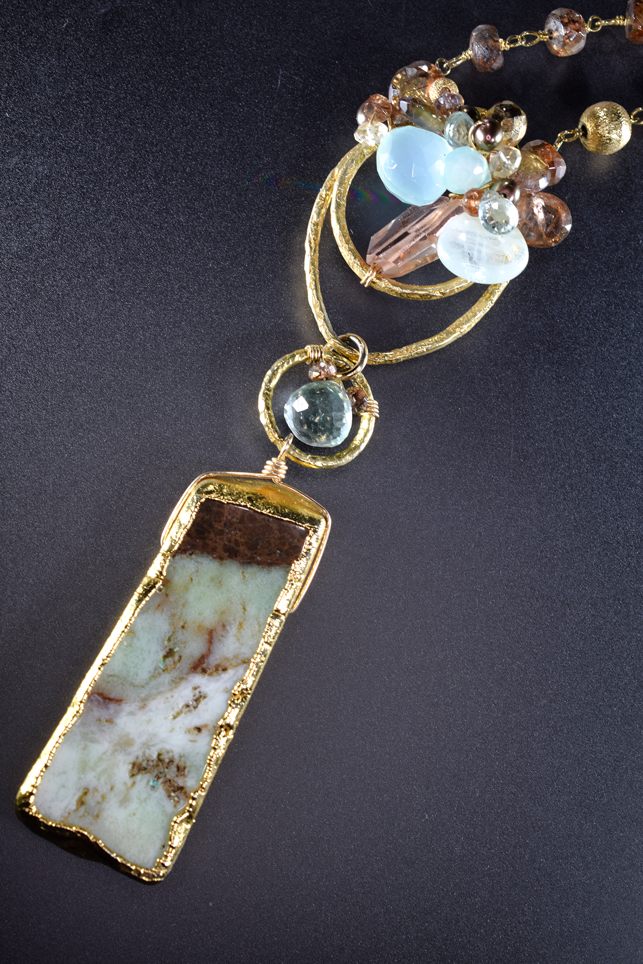 long gemstone and gold pendant long necklace