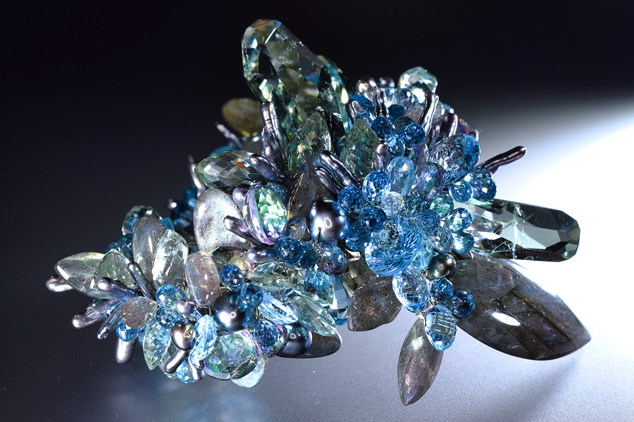 statement labradorite, swiss blue topaz, london blue topaz, pearl and sterling silver bracelet 