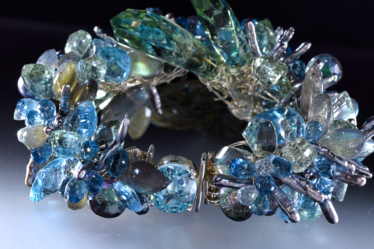statement labradorite, swiss blue topaz, london blue topaz, pearl and sterling silver bracelet 