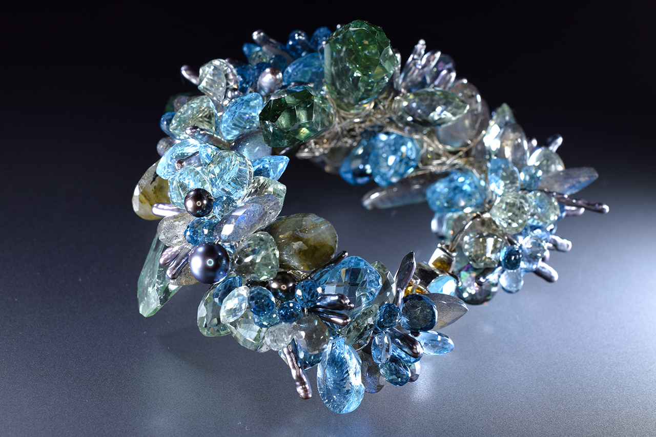 statement labradorite, swiss blue topaz, london blue topaz, pearl and sterling silver bracelet 