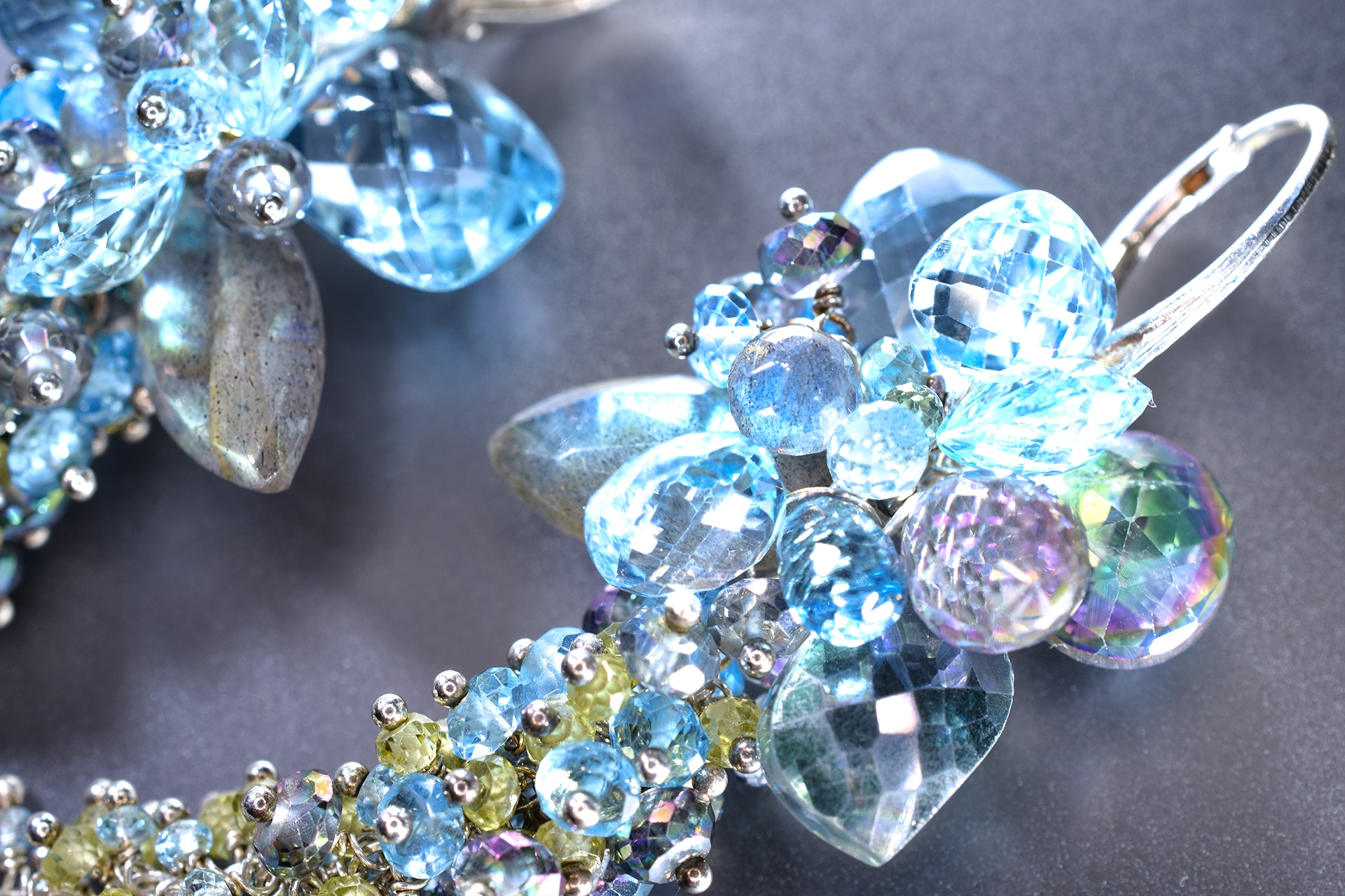 statement gemstone, swiss blue topaz, london blue topaz, peridot, labradorite and sterling silver earrings