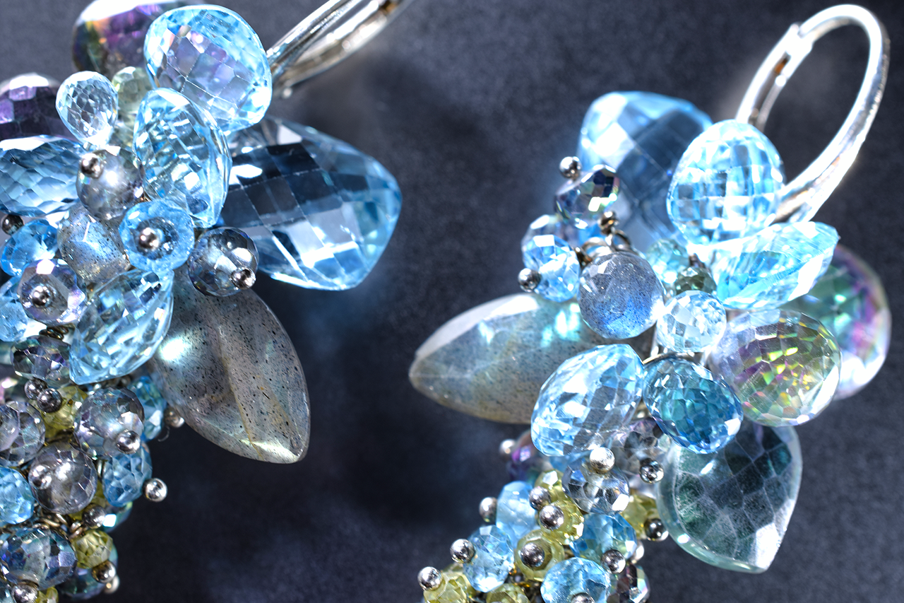 statement gemstone, swiss blue topaz, london blue topaz, peridot, labradorite and sterling silver earrings