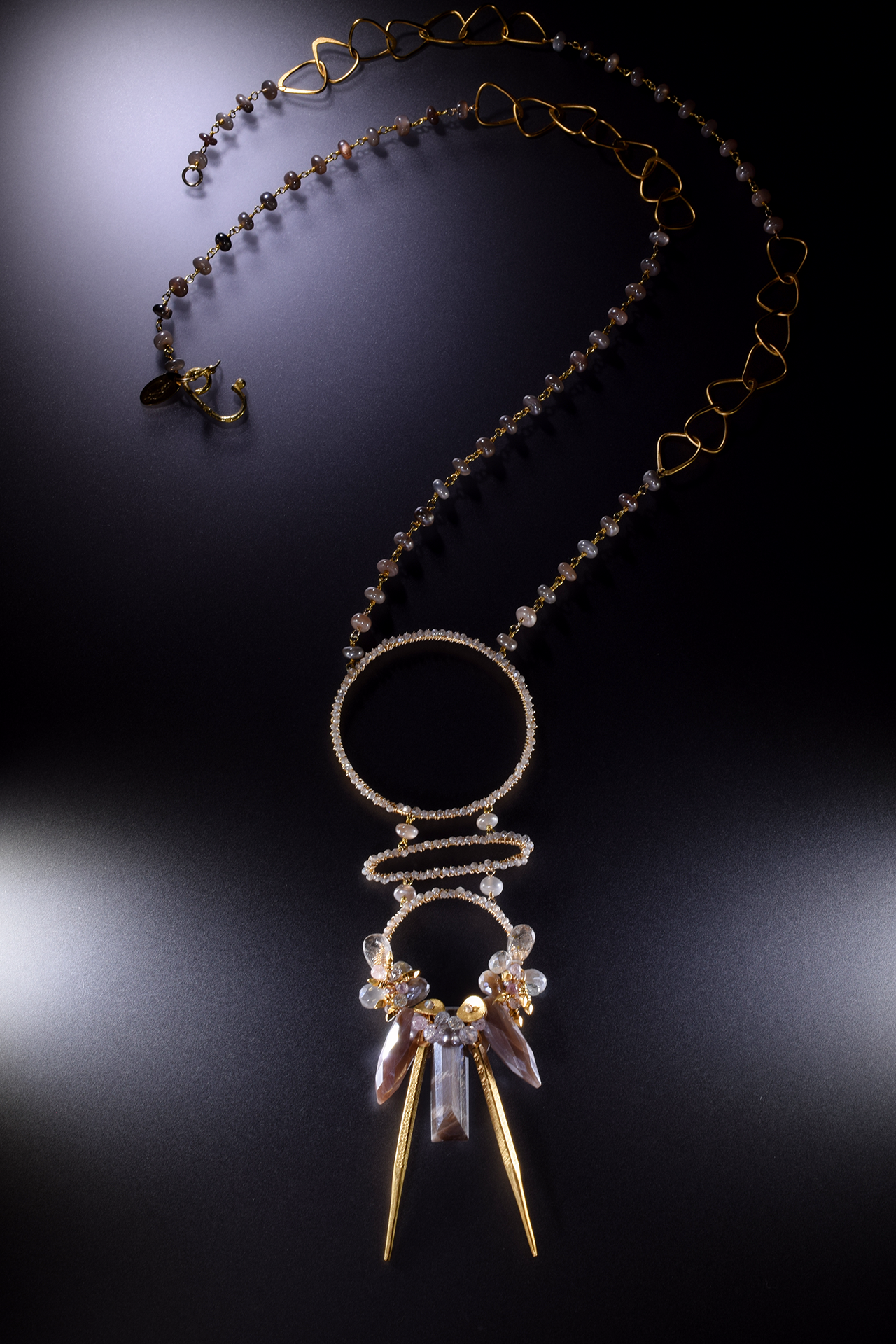 Multi circle gemstone and pearl encrusted drop pendant long gold necklace