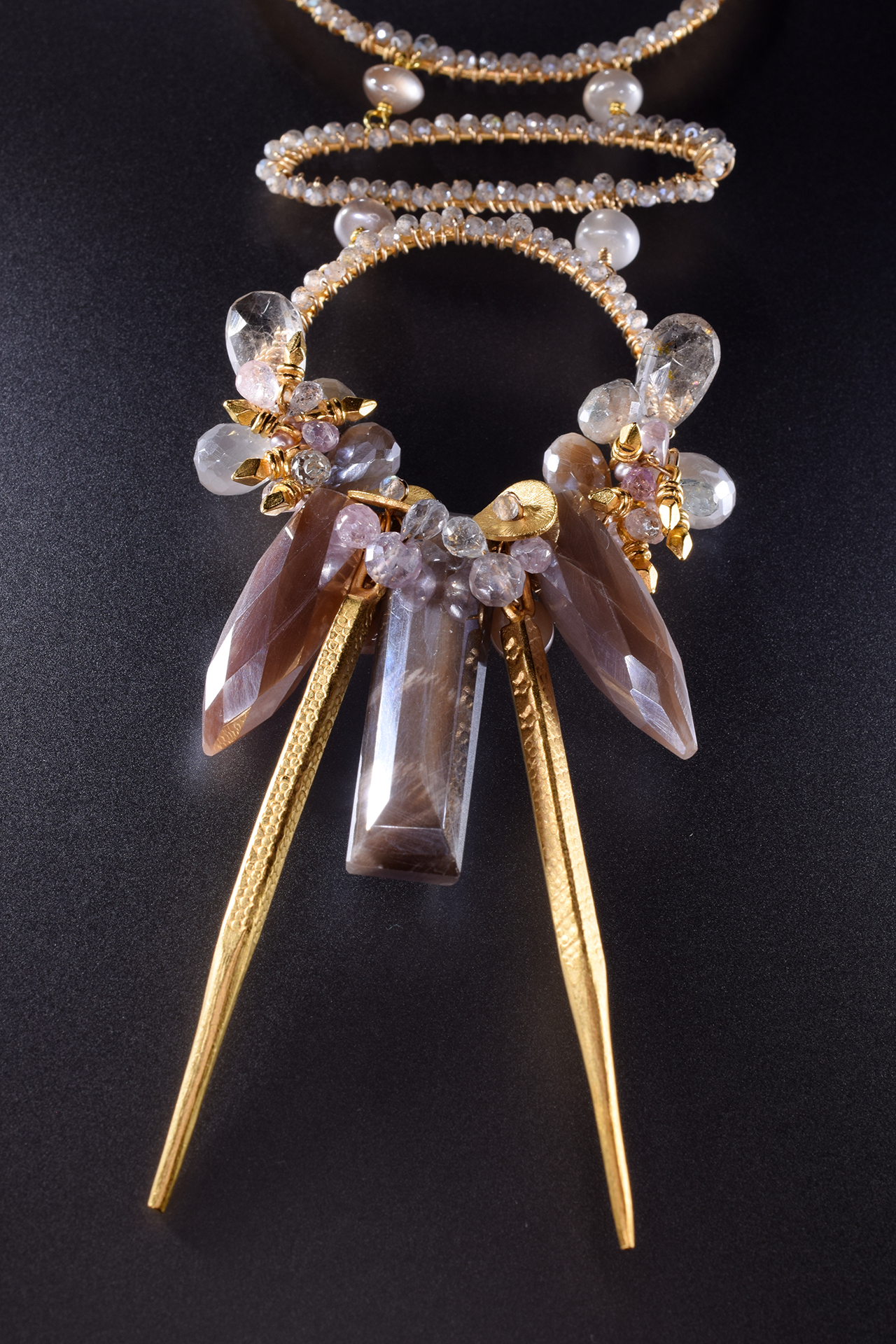Multi circle gemstone and pearl encrusted drop pendant long gold necklace