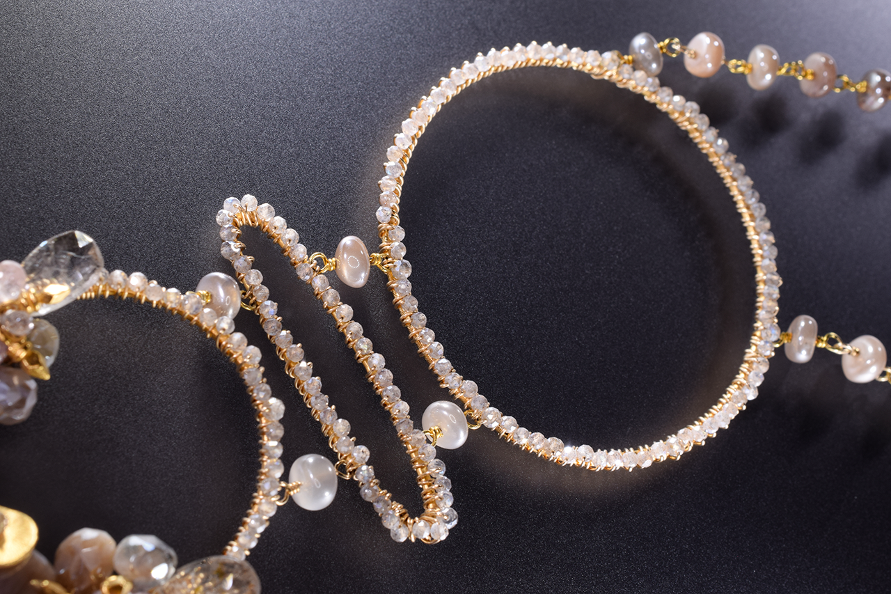 Multi circle gemstone and pearl encrusted drop pendant long gold necklace