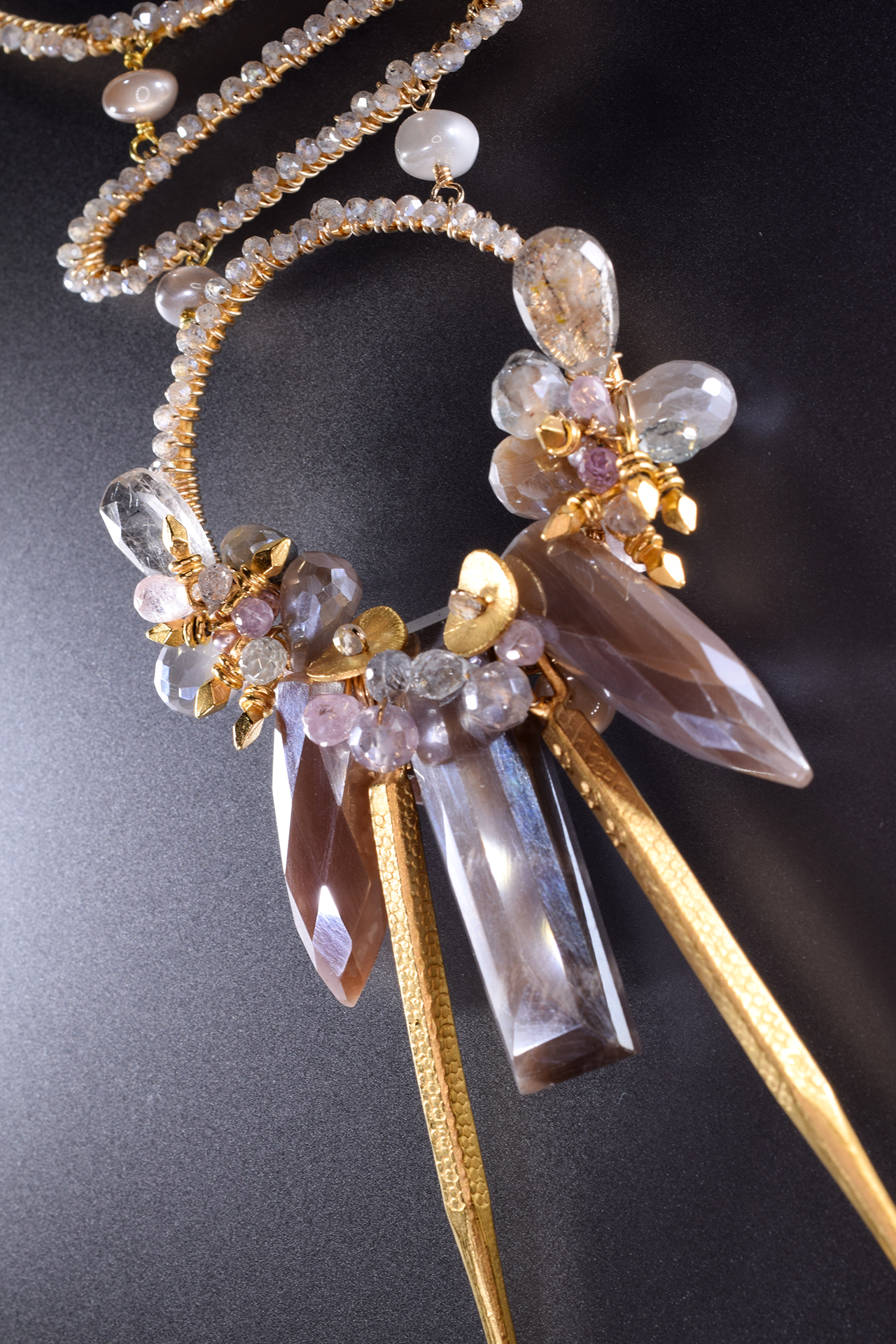 Multi circle gemstone and pearl encrusted drop pendant long gold necklace