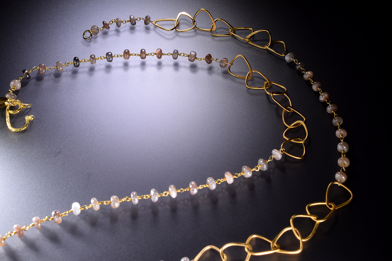 Multi circle gemstone and pearl encrusted drop pendant long gold necklace