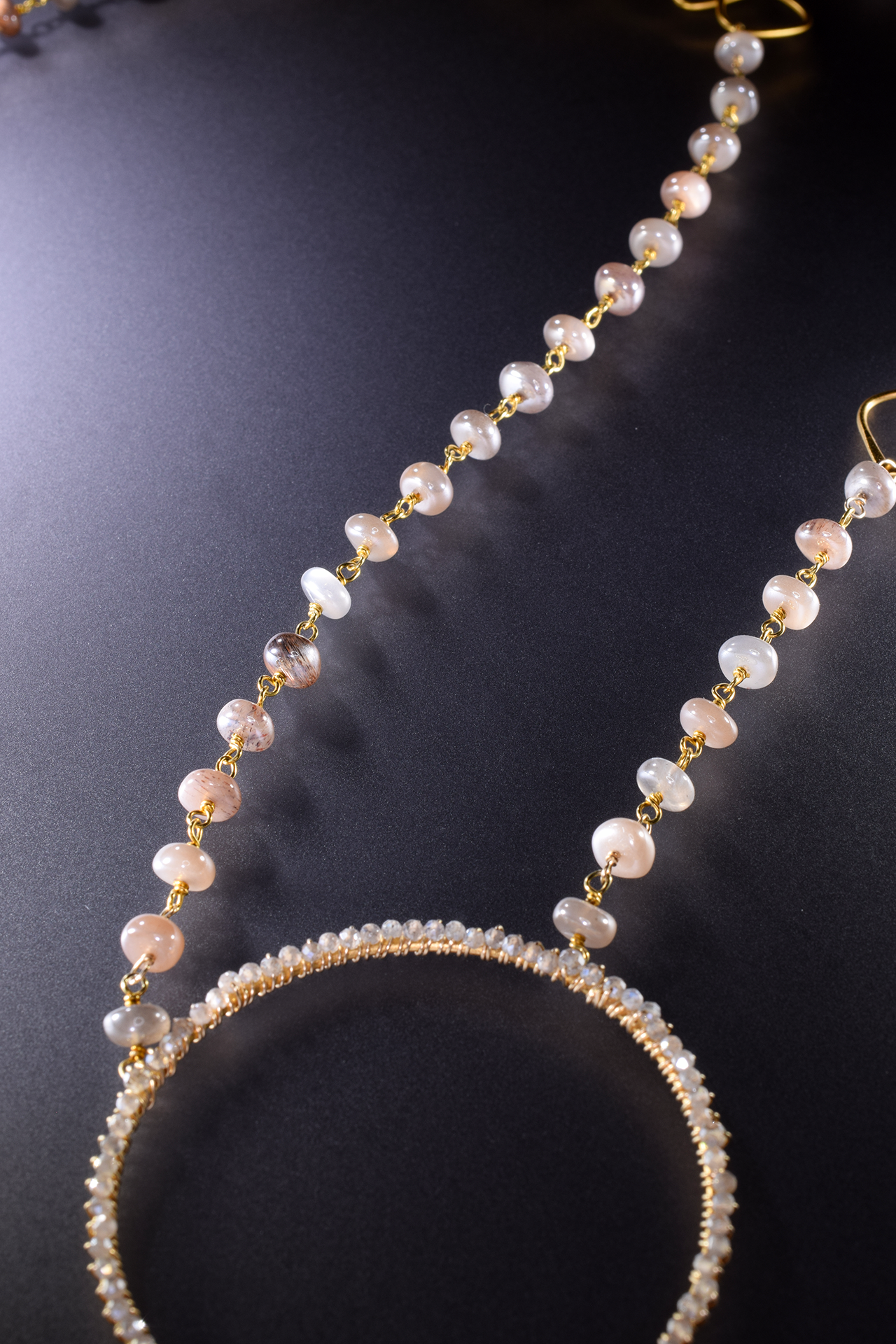 Multi circle gemstone and pearl encrusted drop pendant long gold necklace